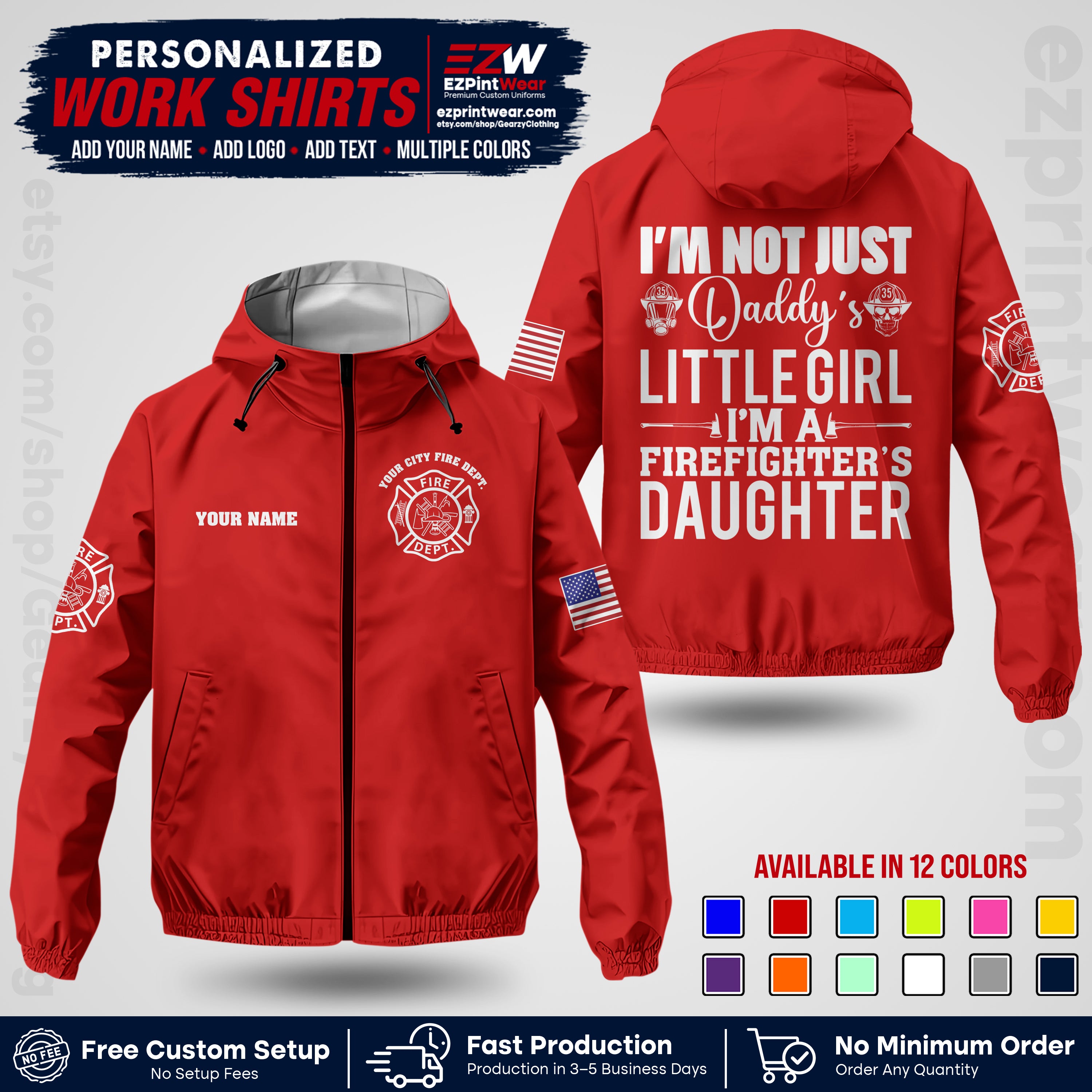 Custom Firefighter Windbreaker Jacket with Name, City Logo & Text | Fire Department Uniform | Employee Workwear FFJK08