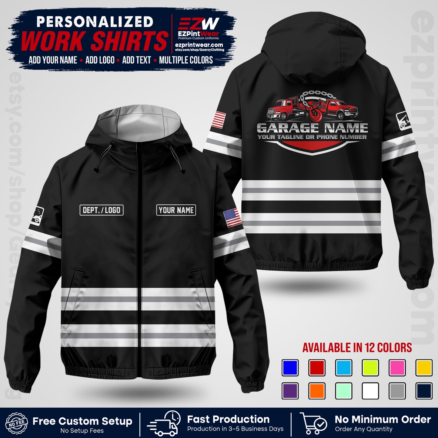 Custom Towing Windbreaker Jacket | Personalized Tow Truck Workwear | Non-Reflective Safety Stripe Jacket | Add Name Logo Text | Custom Windbreaker Jacket | Tow Truck Jacket TWJK 03