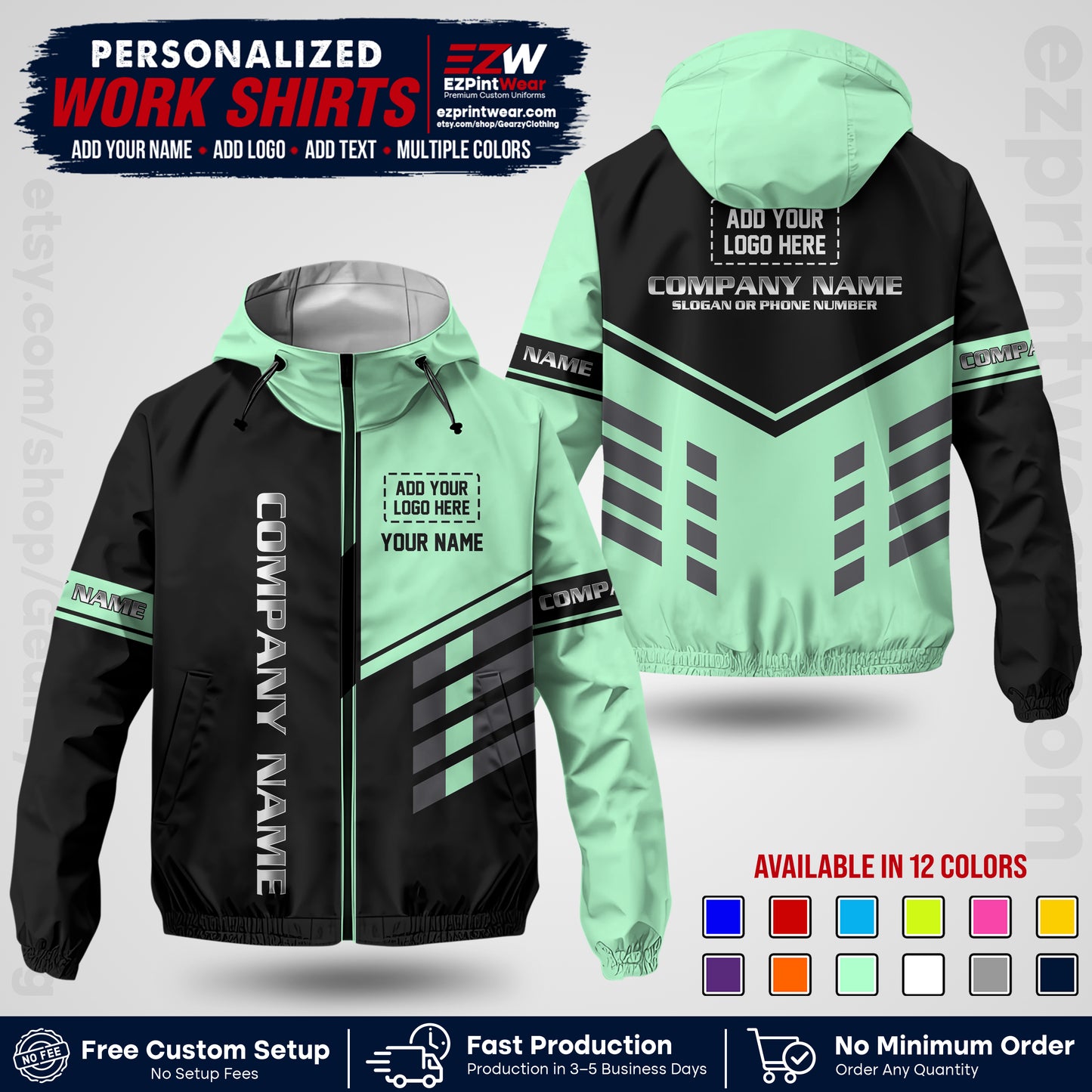 Custom Windbreaker Jacket with Name, Logo & Text, All Over Print Company Workwear, Employee Uniform WBJK09
