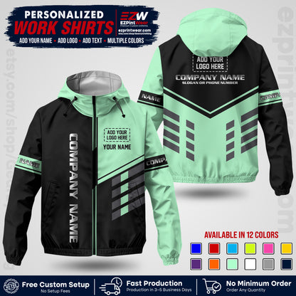 Custom Windbreaker Jacket with Name, Logo & Text, All Over Print Company Workwear, Employee Uniform WBJK09