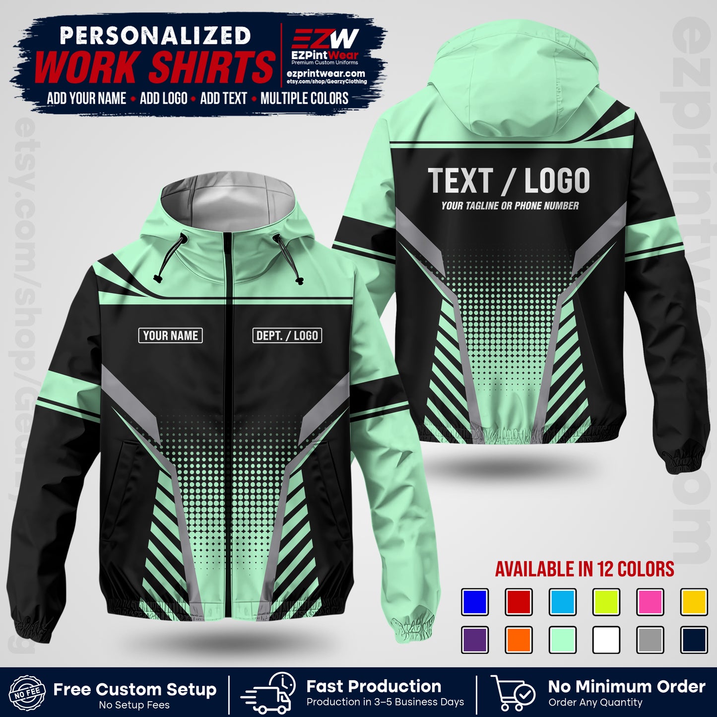 Custom Windbreaker Jacket with Name, Logo & Text, All Over Print Company Workwear, Employee Uniform WBJK08