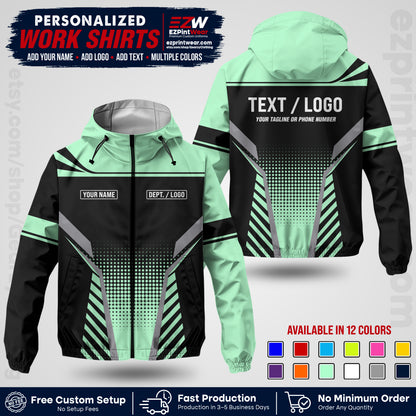 Custom Windbreaker Jacket with Name, Logo & Text, All Over Print Company Workwear, Employee Uniform WBJK08