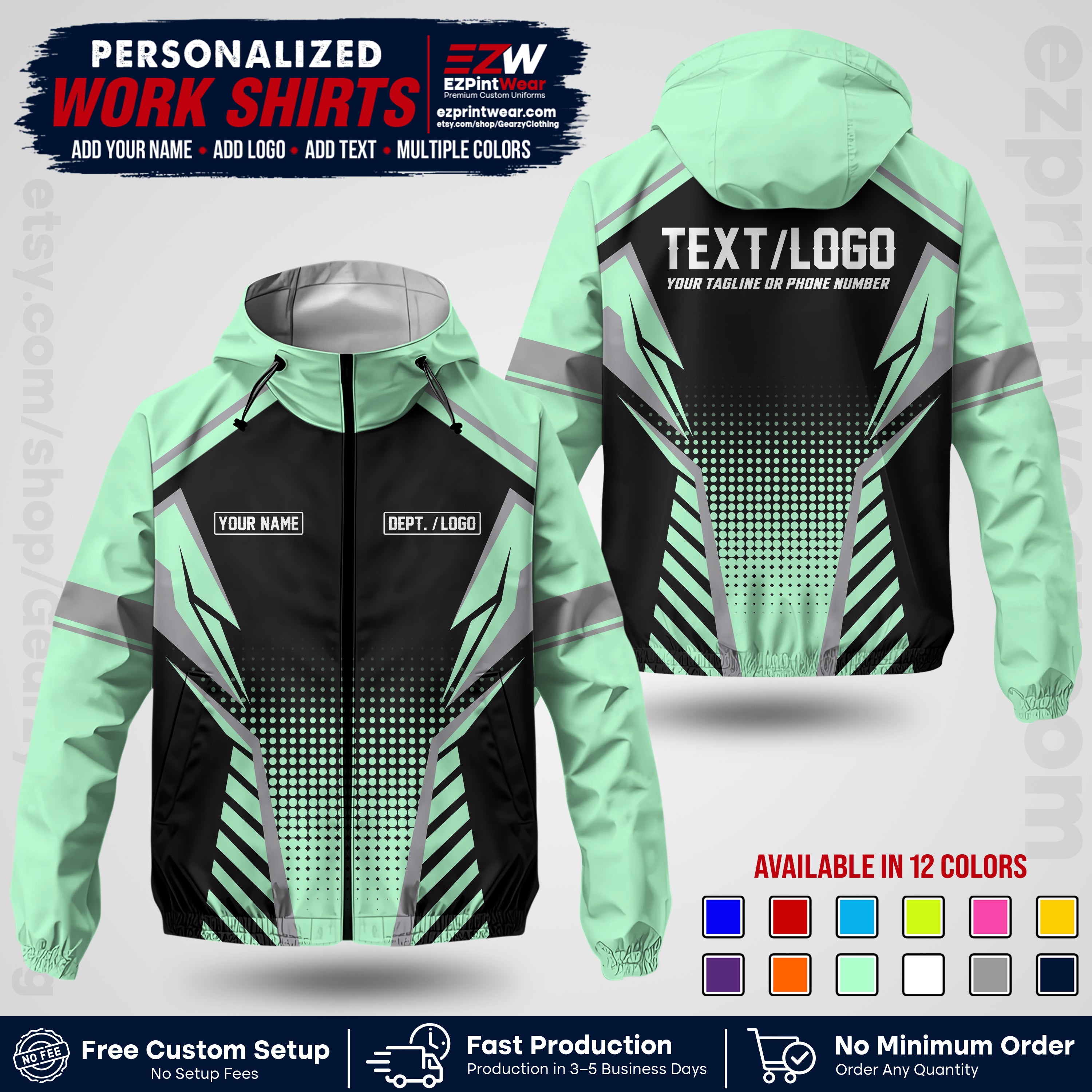 Custom Windbreaker Jacket with Name, Logo & Text, All Over Print Company Workwear, Employee Uniform WBJK14