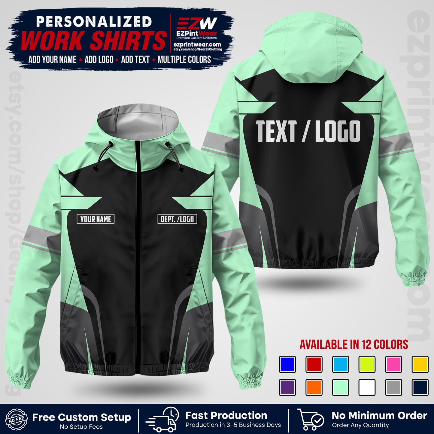 Custom Windbreaker Jacket with Name, Logo & Text, All Over Print Company Workwear, Employee Uniform WBJK02