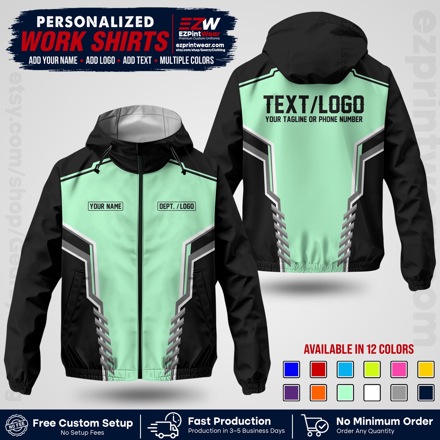 Custom Windbreaker Jacket with Name, Logo & Text, All Over Print Company Workwear, Employee Uniform WBJK15