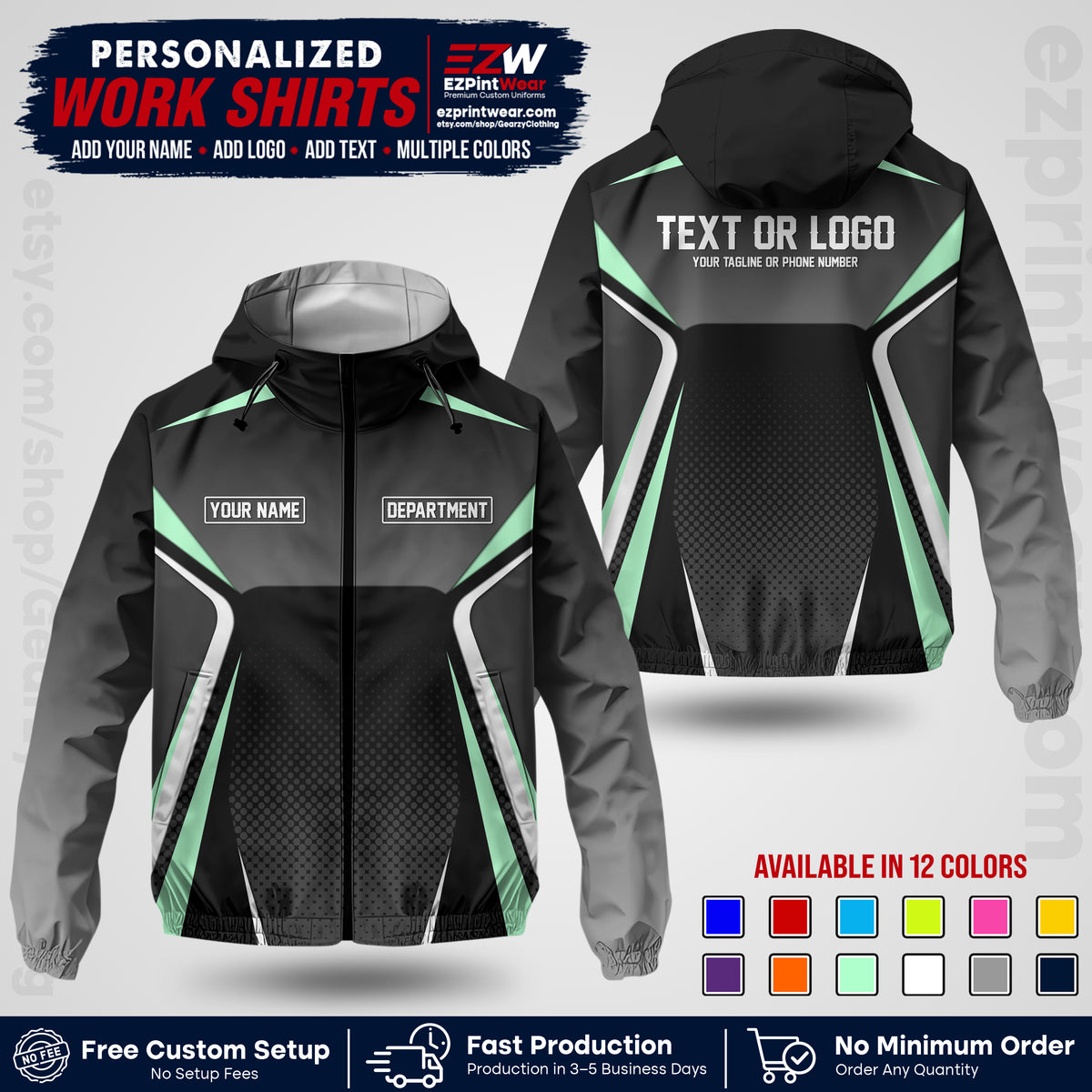 Custom Windbreaker Jacket with Name, Logo & Text, All Over Print Company Workwear, Employee Uniform WBJK21