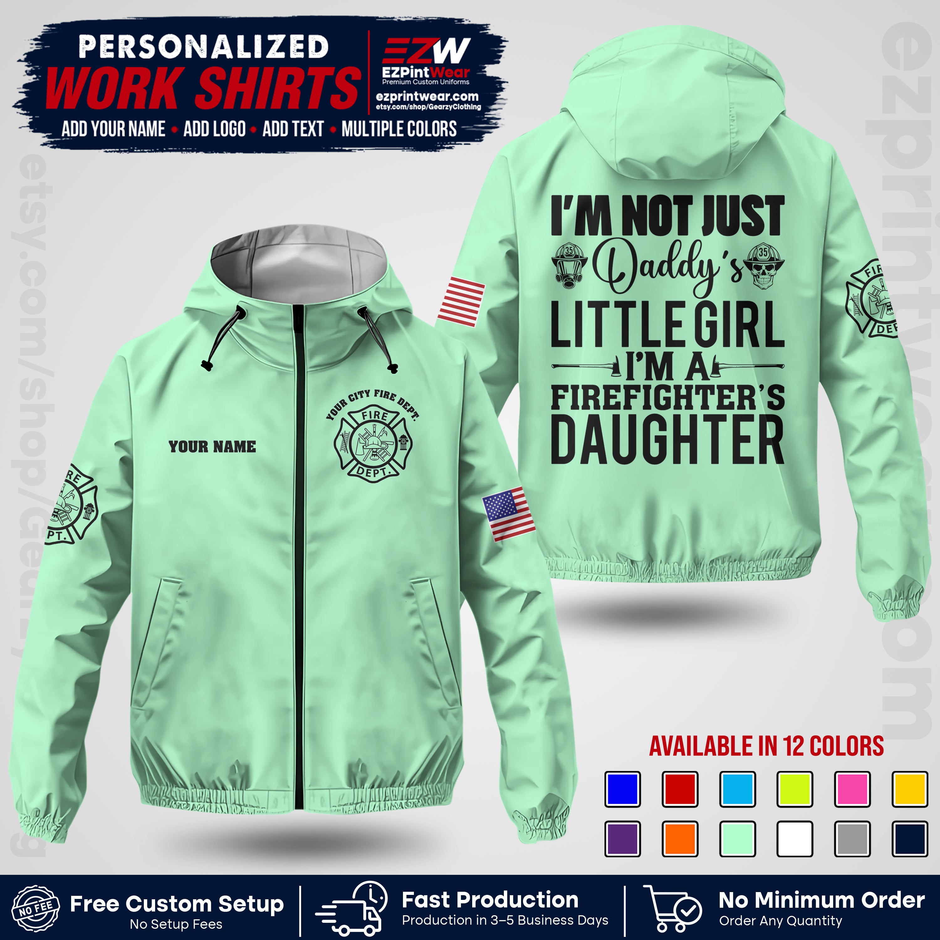 Custom Firefighter Windbreaker Jacket with Name, City Logo & Text | Fire Department Uniform | Employee Workwear FFJK08