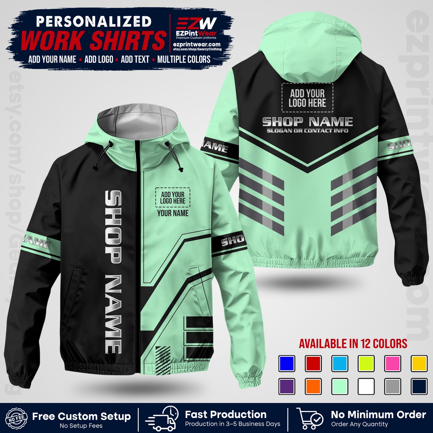 Custom Windbreaker Jacket with Name, Logo & Text, All Over Print Company Workwear, Employee Uniform WBJK11