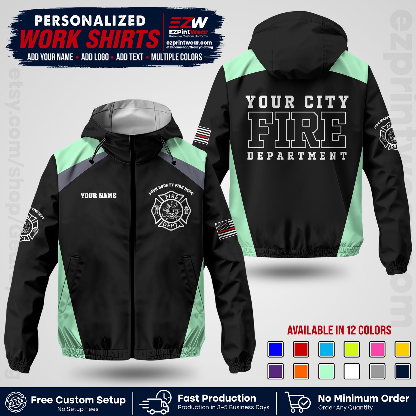 Custom Firefighter Windbreaker Jacket with Name, City Logo & Text | Fire Department Uniform | Employee Workwear FFJK04
