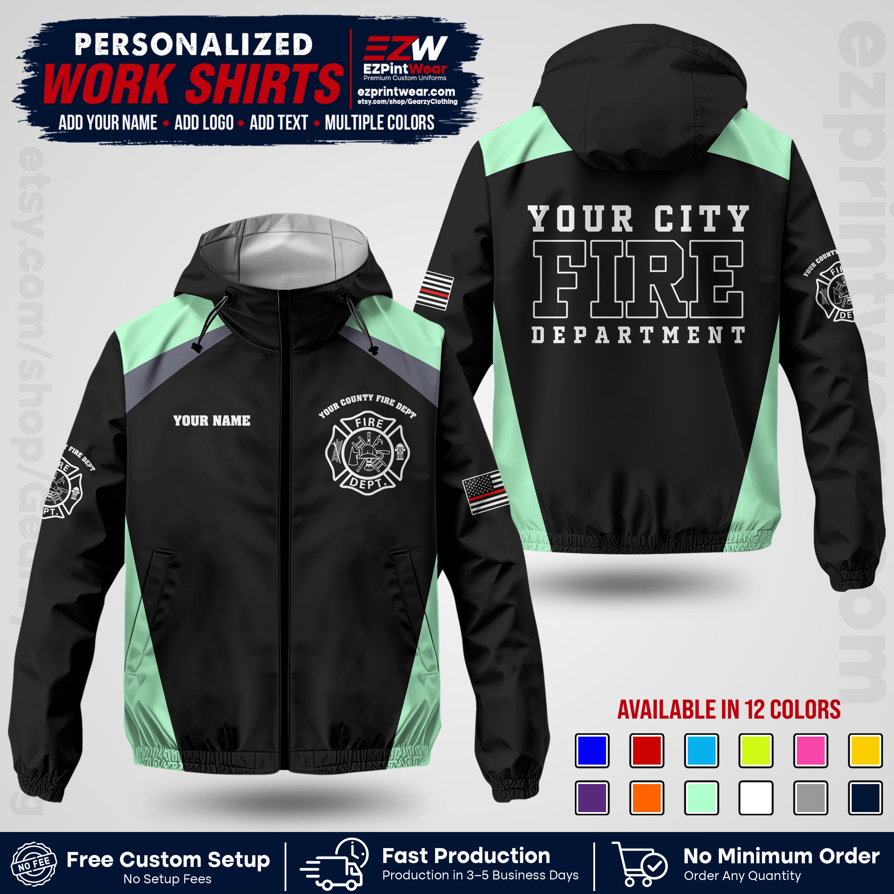 Custom Firefighter Windbreaker Jacket with Name, City Logo & Text | Fire Department Uniform | Employee Workwear FFJK04