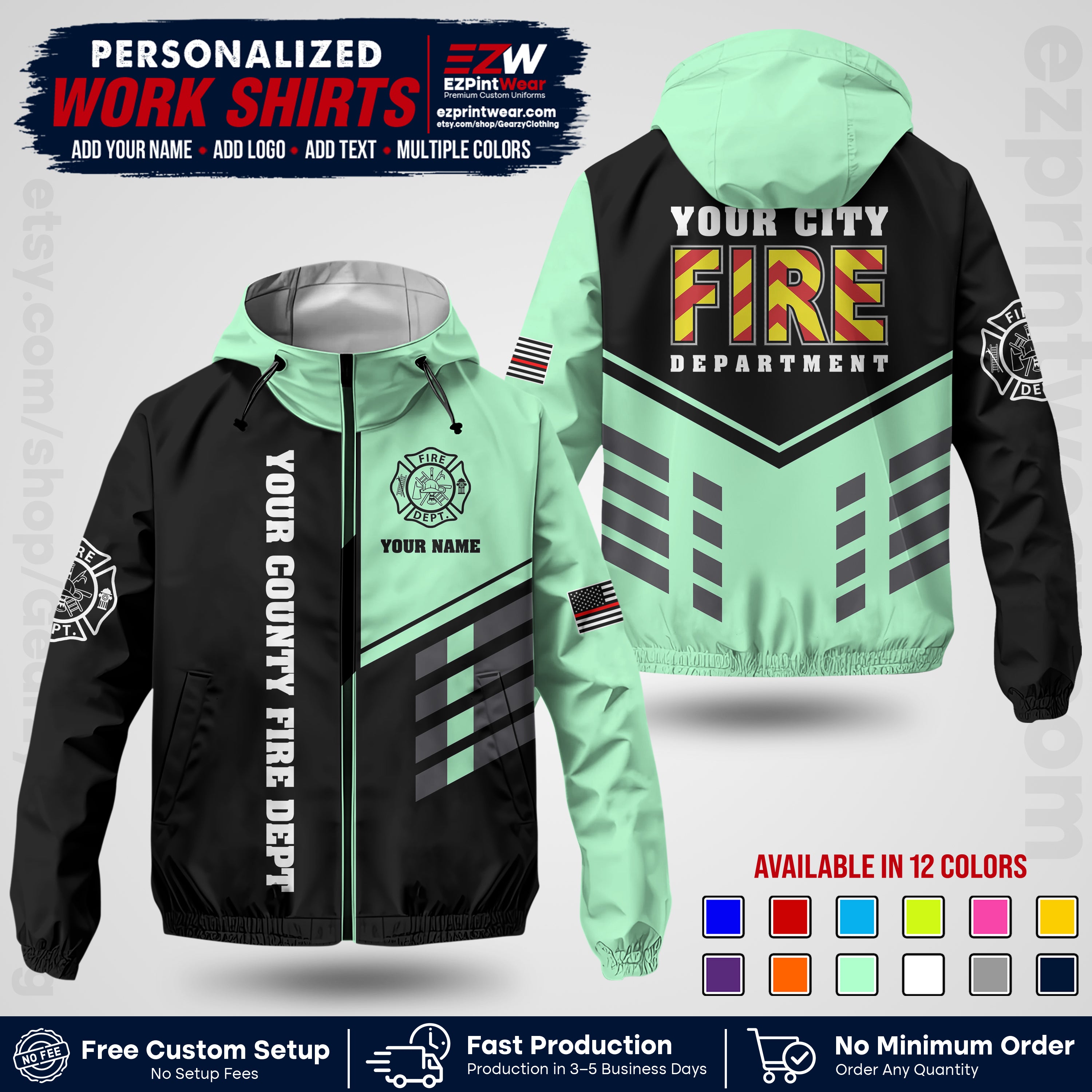 Custom Firefighter Windbreaker Jacket with Name, City Logo & Text | Fire Department Uniform | Employee Workwear FFJK06