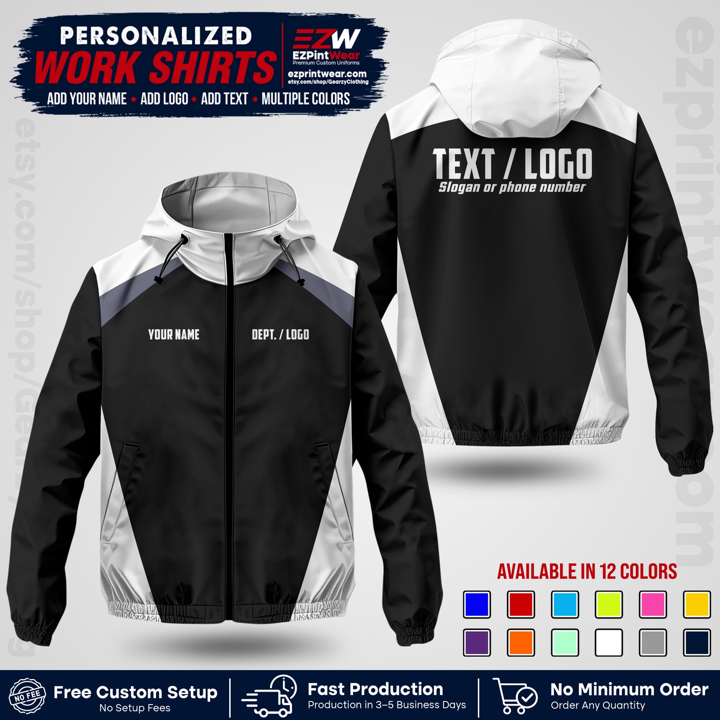 Custom Windbreaker Jacket with Name, Logo & Text, All Over Print Company Workwear, Employee Uniform WBJK03