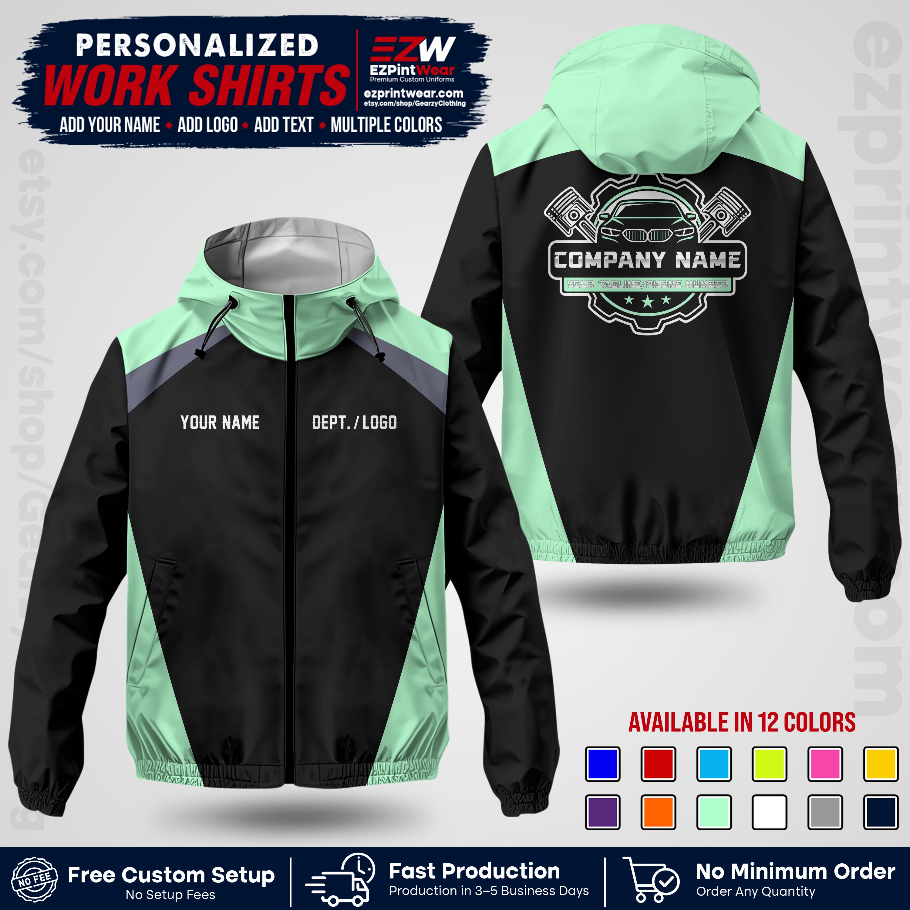 Custom Mechanic Work Shirt with Name, Logo & Text | Auto Shop Uniform | Company Workwear | Employee Uniform MCNJK03