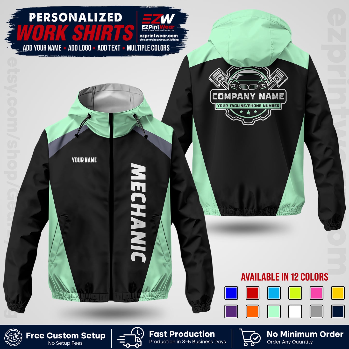 Custom Mechanic Work Shirt with Name, Logo & Text | Auto Shop Uniform | Company Workwear | Employee Uniform MCNJK02