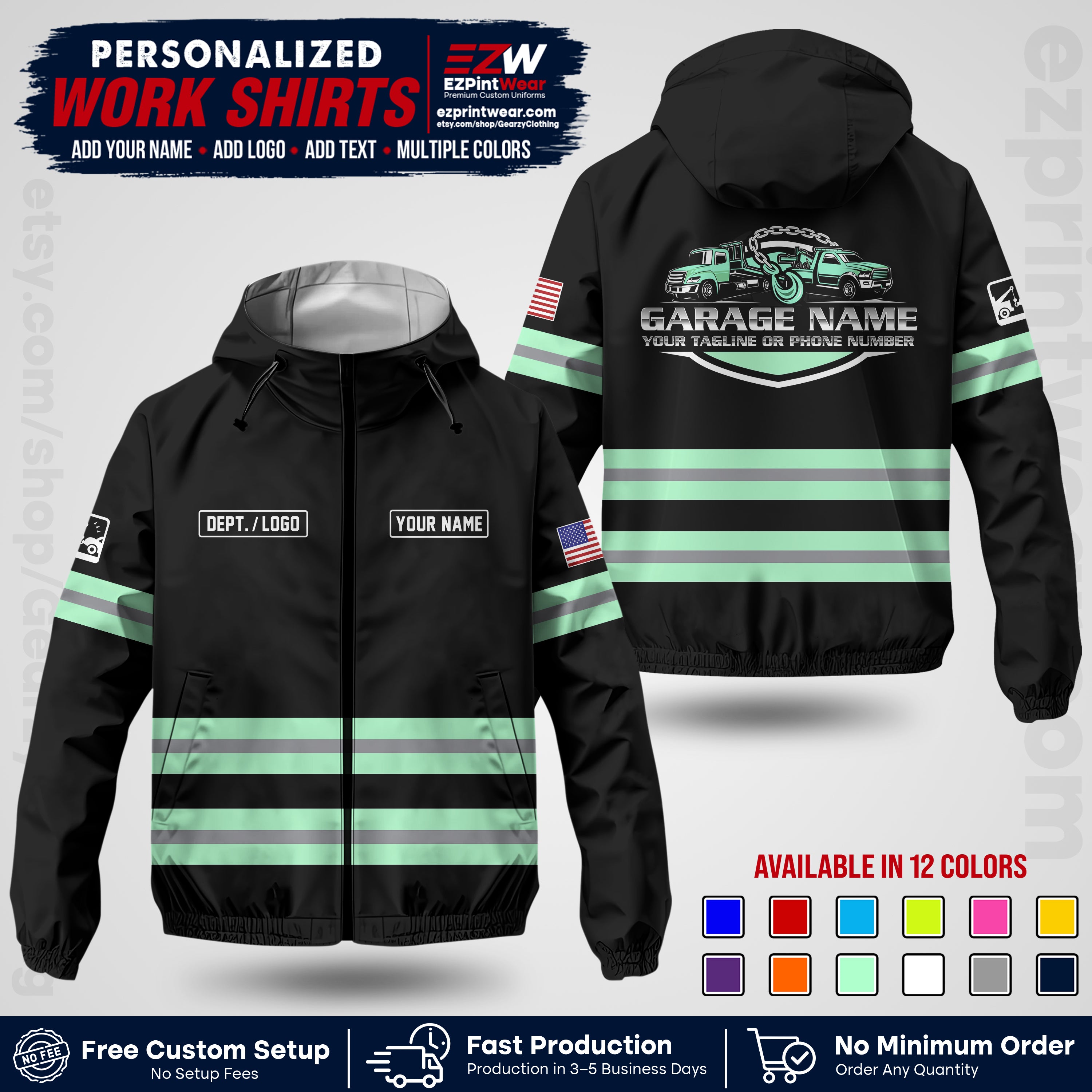 Custom Towing Windbreaker Jacket | Personalized Tow Truck Workwear | Non-Reflective Safety Stripe Jacket | Add Name Logo Text | Custom Windbreaker Jacket | Tow Truck Jacket TWJK 03