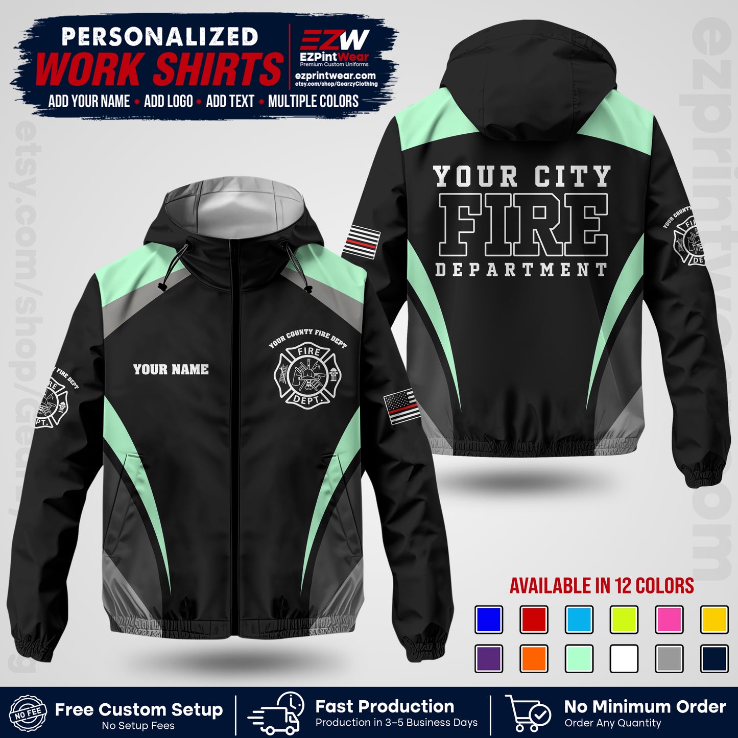 Custom Firefighter Windbreaker Jacket with Name, City Logo & Text | Fire Department Uniform | Employee Workwear FFJK02