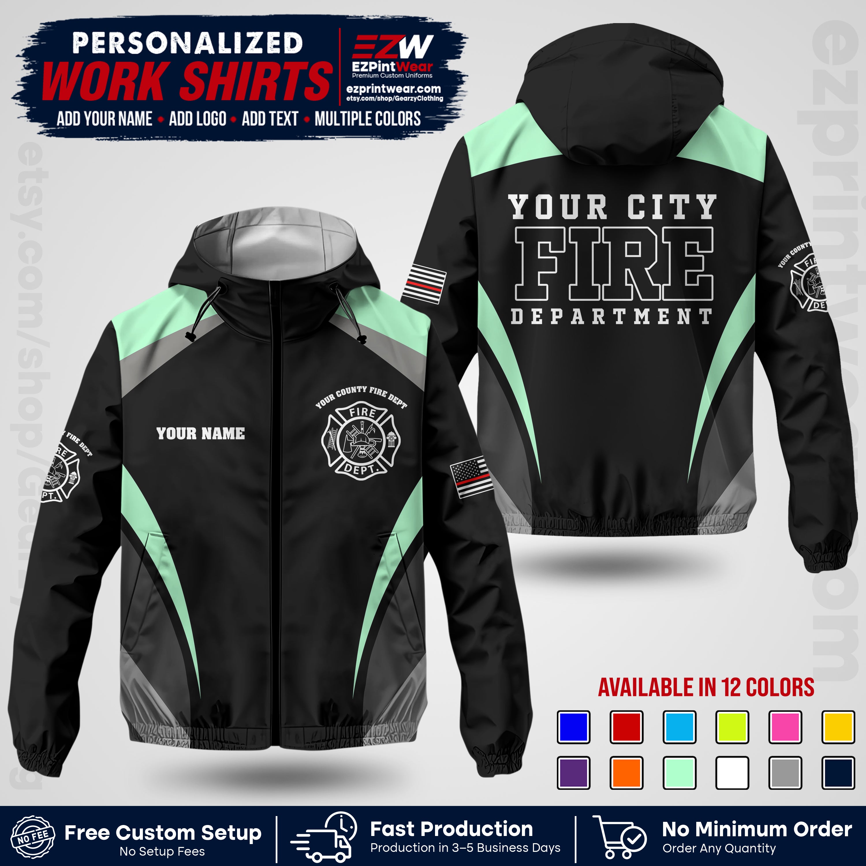 Custom Firefighter Windbreaker Jacket with Name, City Logo & Text | Fire Department Uniform | Employee Workwear FFJK02