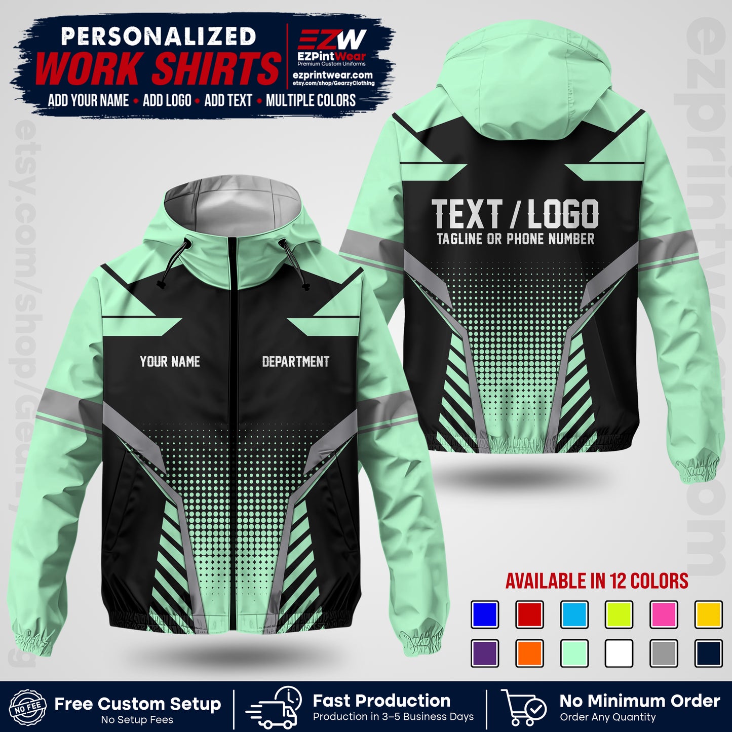 Custom Windbreaker Jacket with Name, Logo & Text, All Over Print Company Workwear, Employee Uniform WBJK01