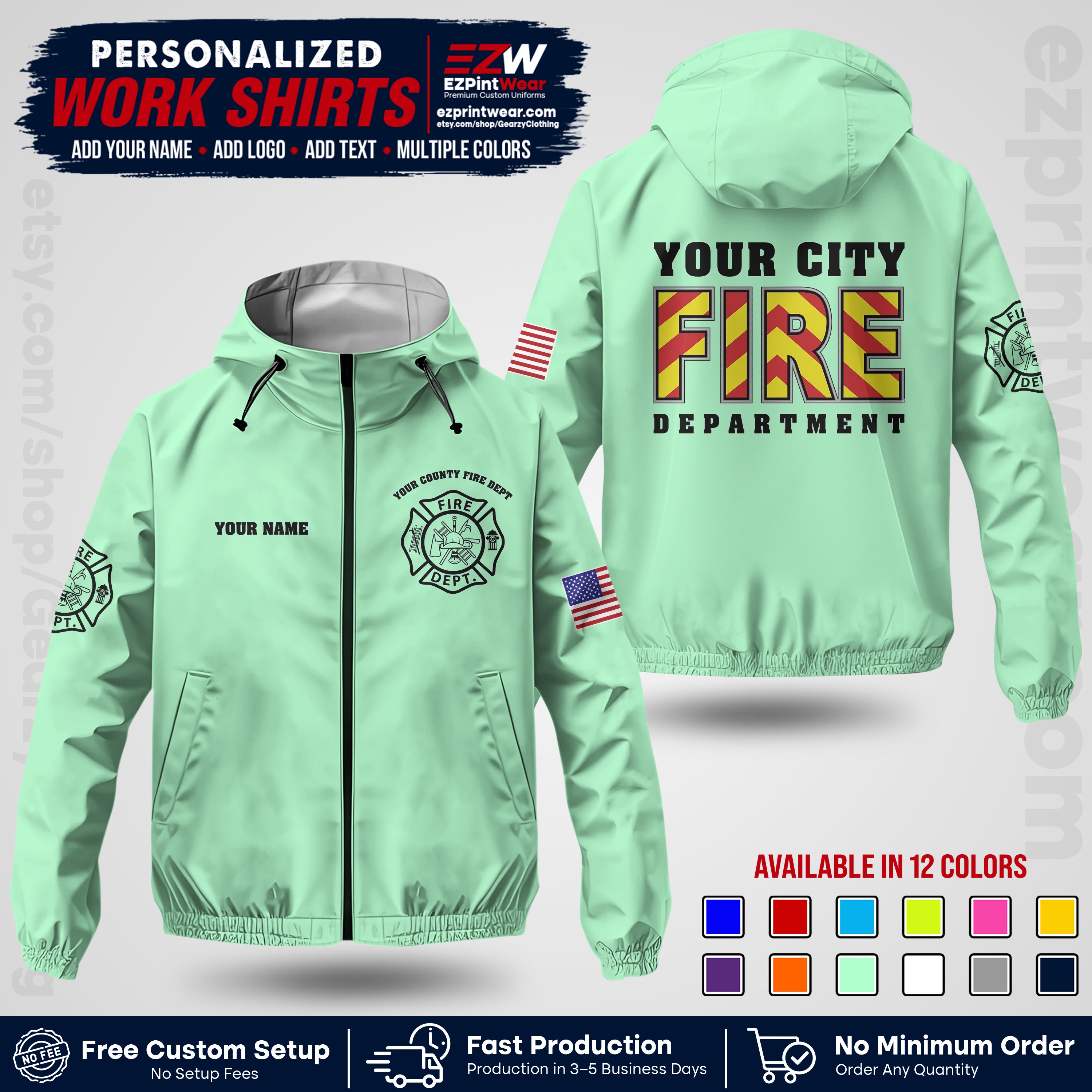 Custom Firefighter Windbreaker Jacket with Name, City Logo & Text | Fire Department Uniform | Employee Workwear FFJK05