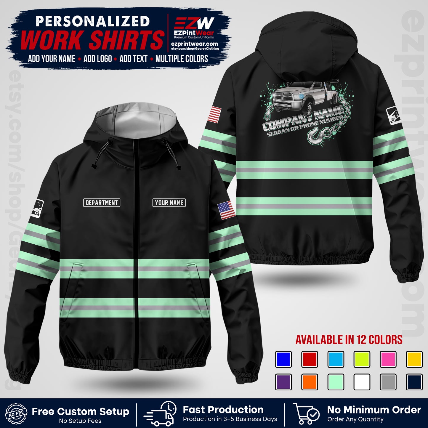 Custom Towing Windbreaker Jacket | Personalized Tow Truck Workwear | Non-Reflective Safety Stripe Jacket | Add Name Logo Text | Custom Windbreaker Jacket | Tow Truck Jacket TWJK 05
