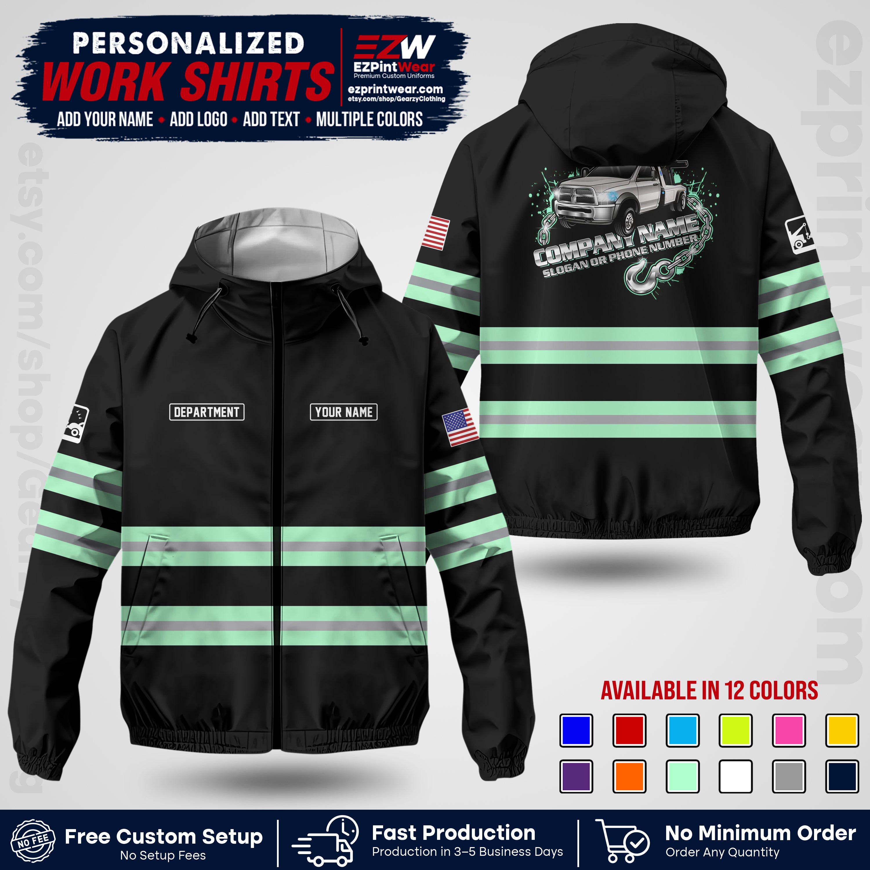 Custom Towing Windbreaker Jacket | Personalized Tow Truck Workwear | Non-Reflective Safety Stripe Jacket | Add Name Logo Text | Custom Windbreaker Jacket | Tow Truck Jacket TWJK 05