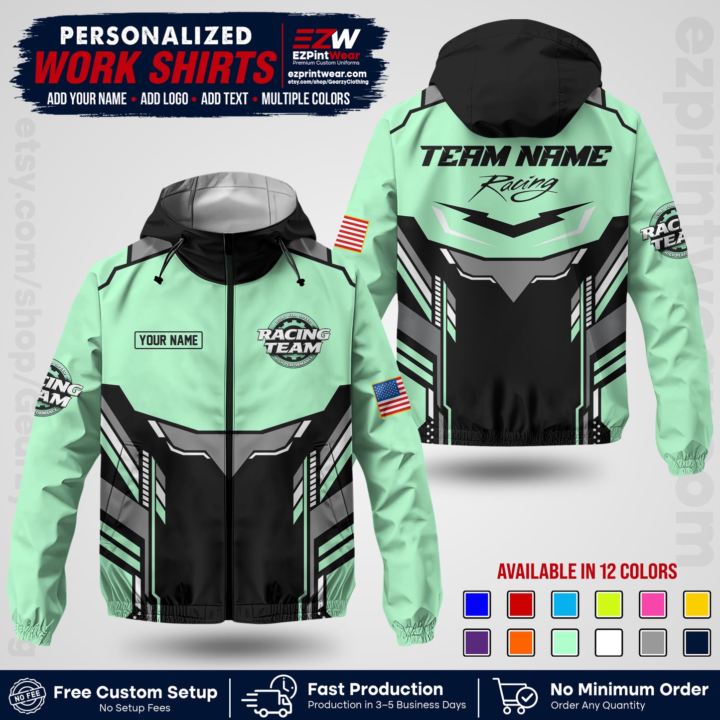 Custom Racing Windbreaker Jacket with Name, Logo & Text | Race Team Uniform | Motorsport Apparel RCJK11