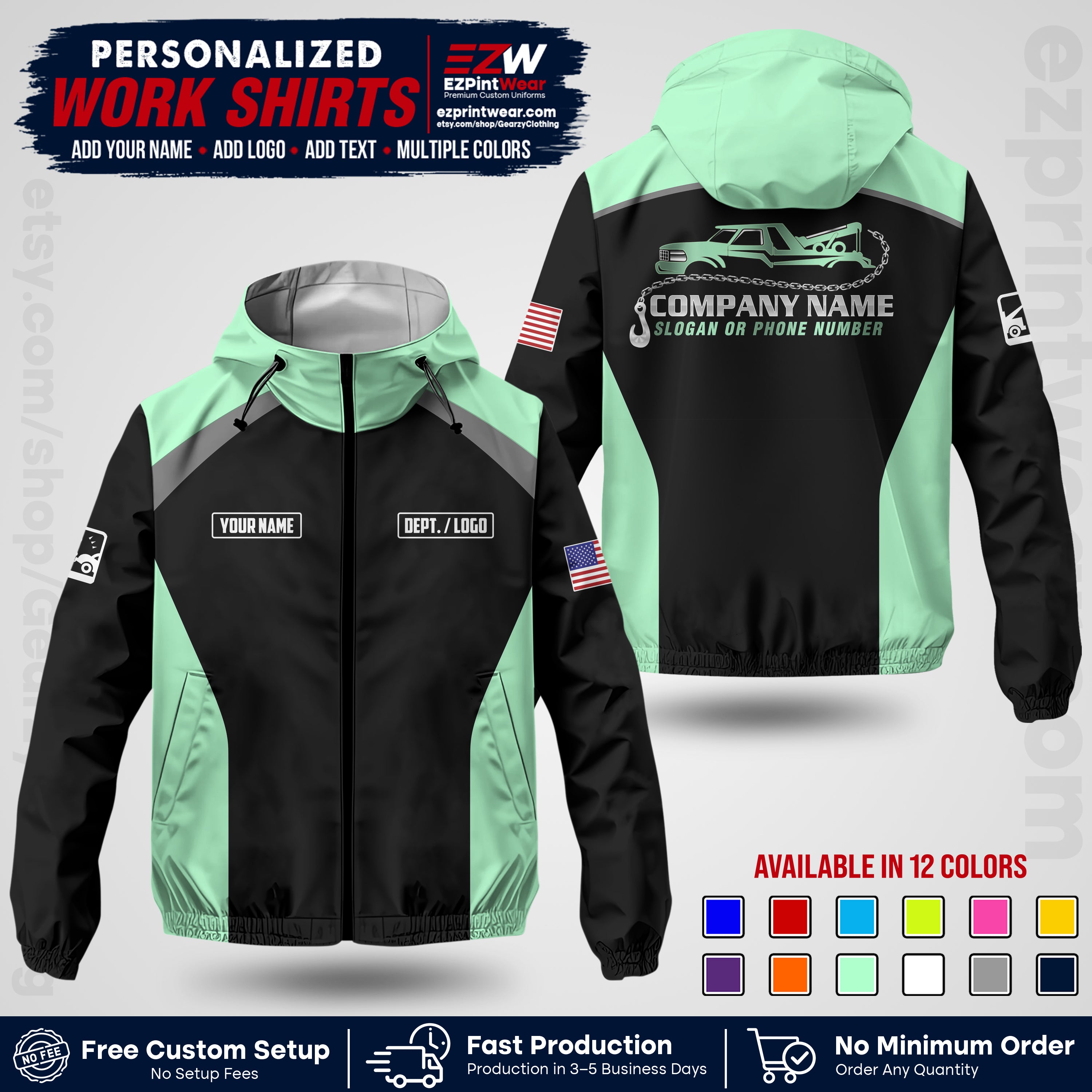 Custom Towing Windbreaker Jacket with Name, Logo & Text | Towing Company Uniform | Workwear TWJK 01