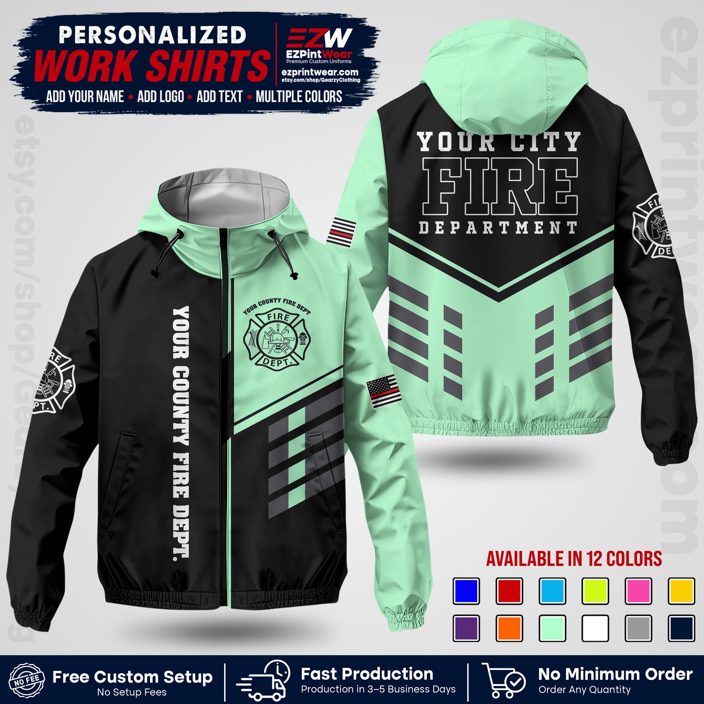 Custom Firefighter Windbreaker Jacket with Name, City Logo & Text | Fire Department Uniform | Employee Workwear FFJK03