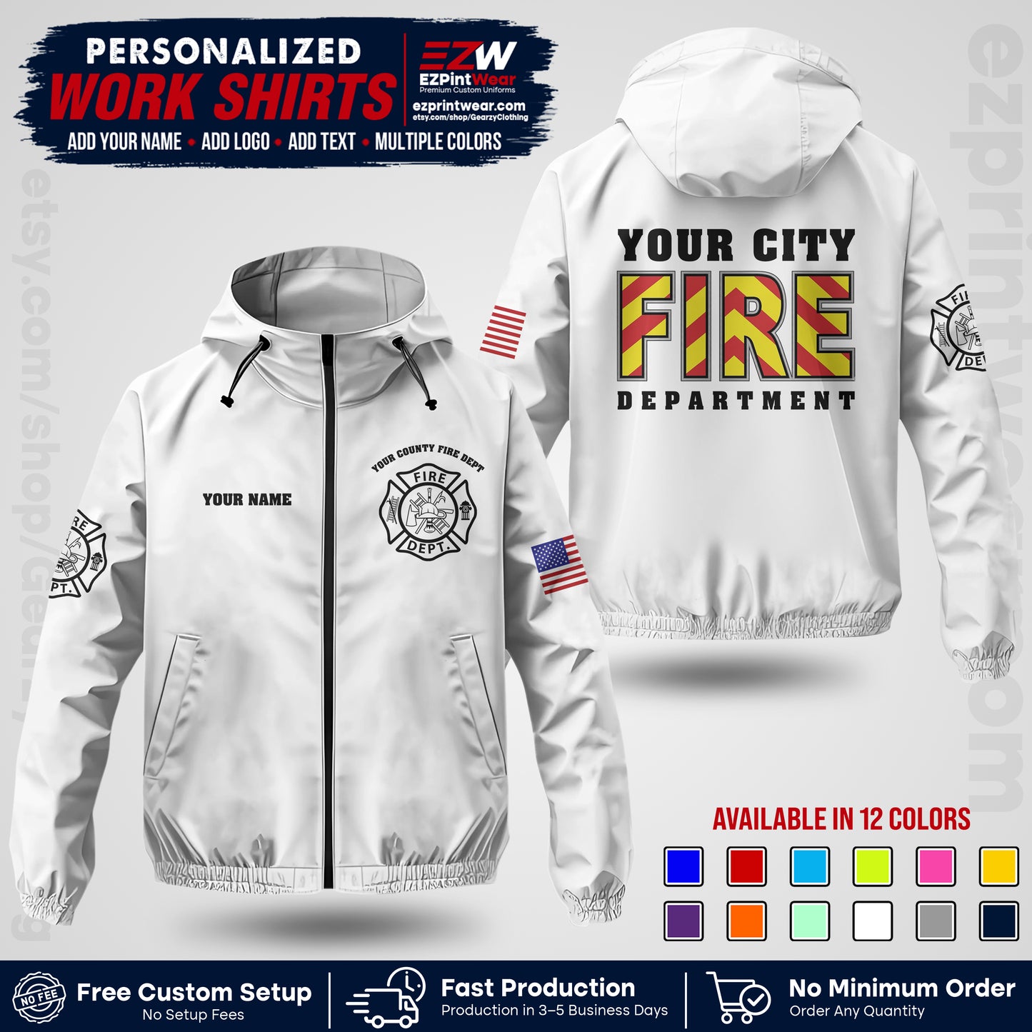 Custom Firefighter Windbreaker Jacket with Name, City Logo & Text | Fire Department Uniform | Employee Workwear FFJK05