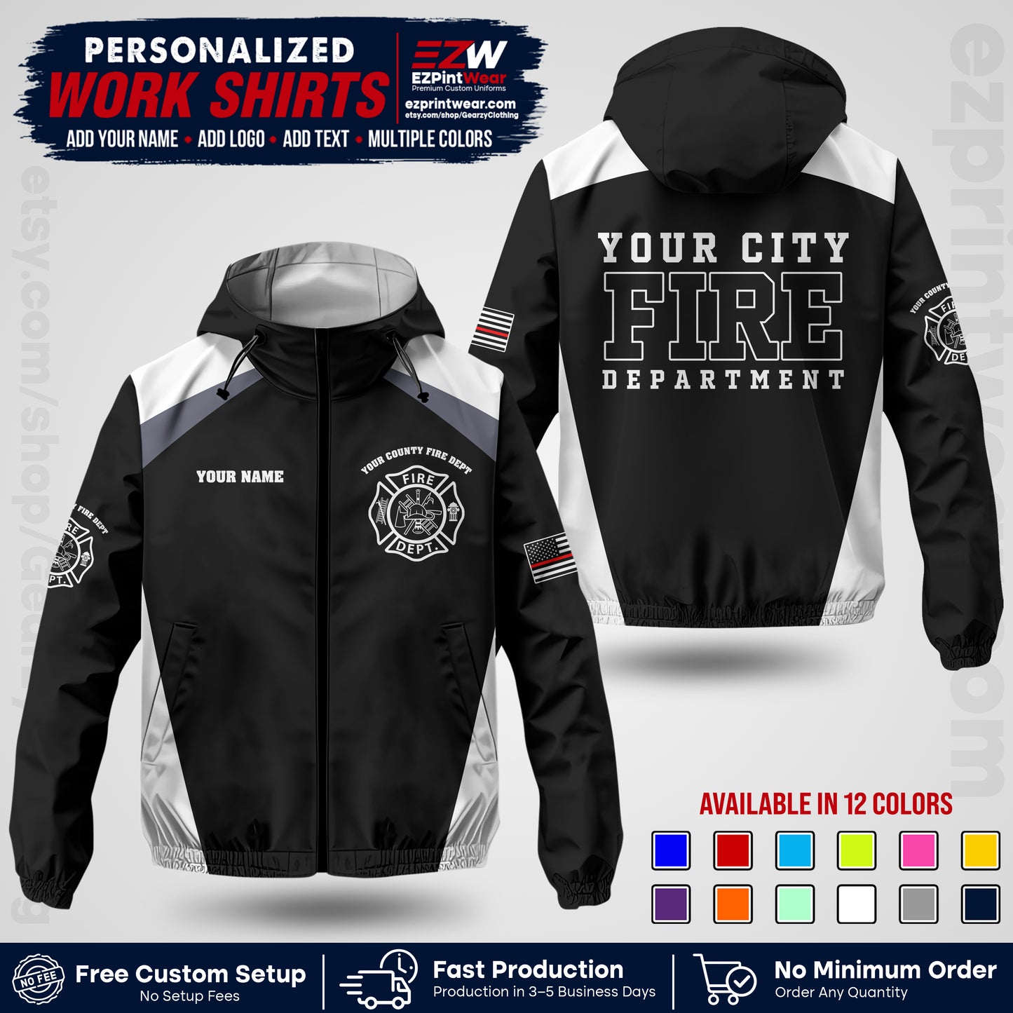 Custom Firefighter Windbreaker Jacket with Name, City Logo & Text | Fire Department Uniform | Employee Workwear FFJK04