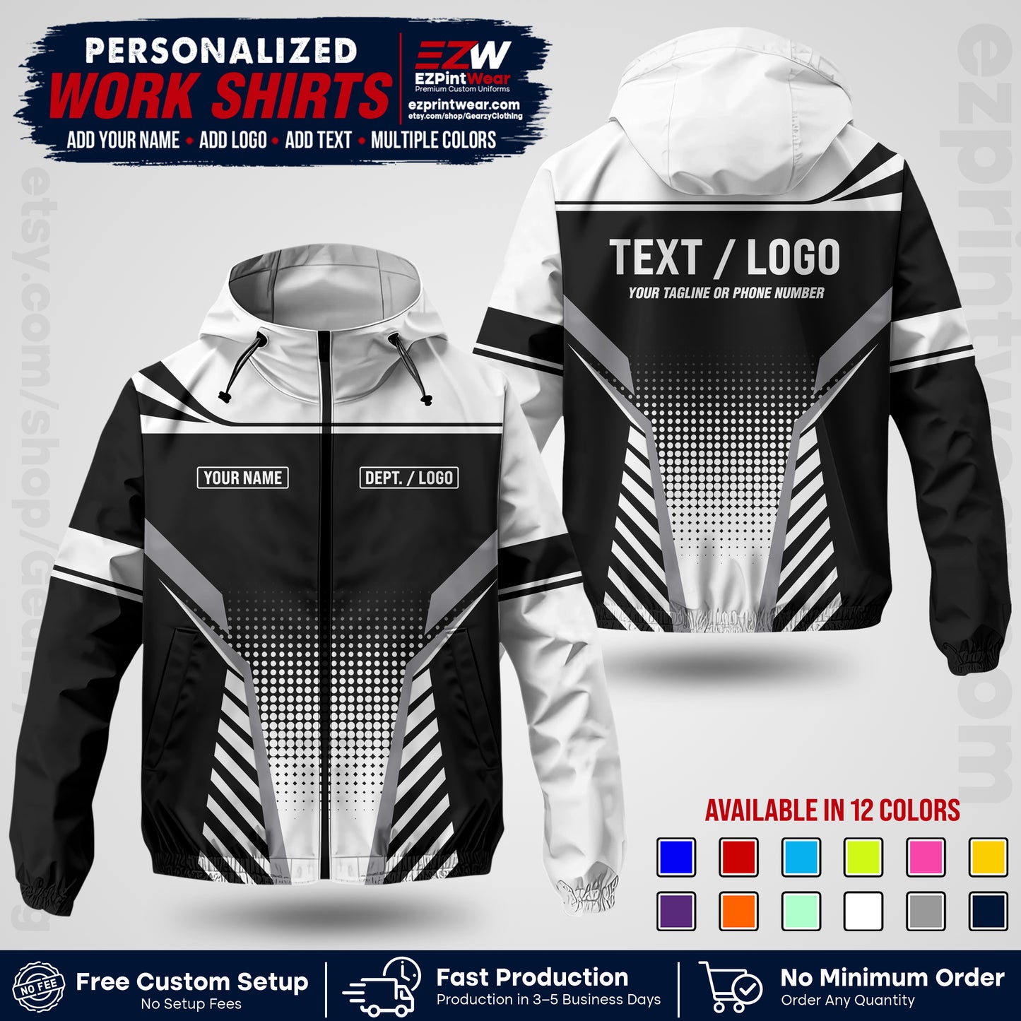 Custom Windbreaker Jacket with Name, Logo & Text, All Over Print Company Workwear, Employee Uniform WBJK08