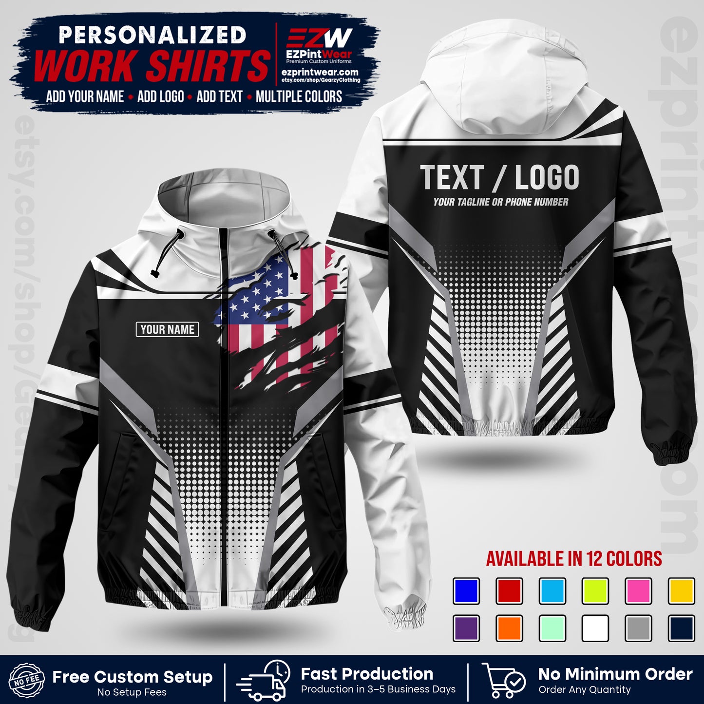 Custom Windbreaker Jacket with Name, Logo & Text, All Over Print Company Workwear, Employee Uniform WBJK07
