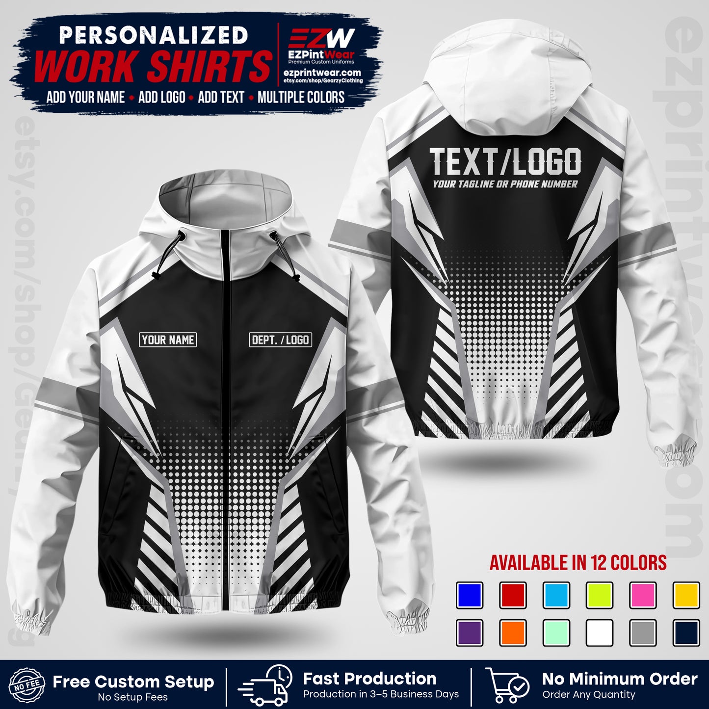 Custom Windbreaker Jacket with Name, Logo & Text, All Over Print Company Workwear, Employee Uniform WBJK14