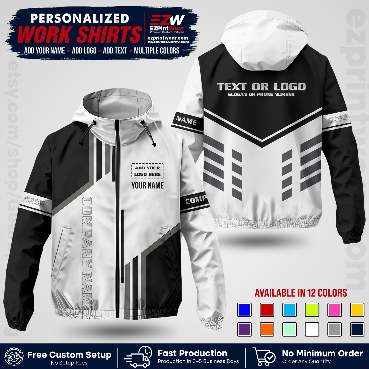 Custom Windbreaker Jacket with Name, Logo & Text, All Over Print Company Workwear, Employee Uniform WBJK10