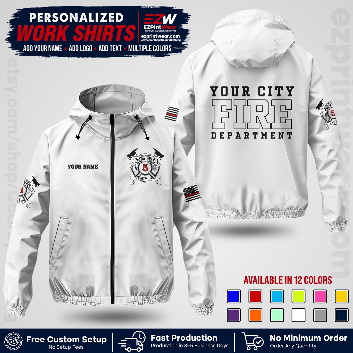 Custom Firefighter Windbreaker Jacket with Name, City Logo & Text | Fire Department Uniform | Employee Workwear FFJK07