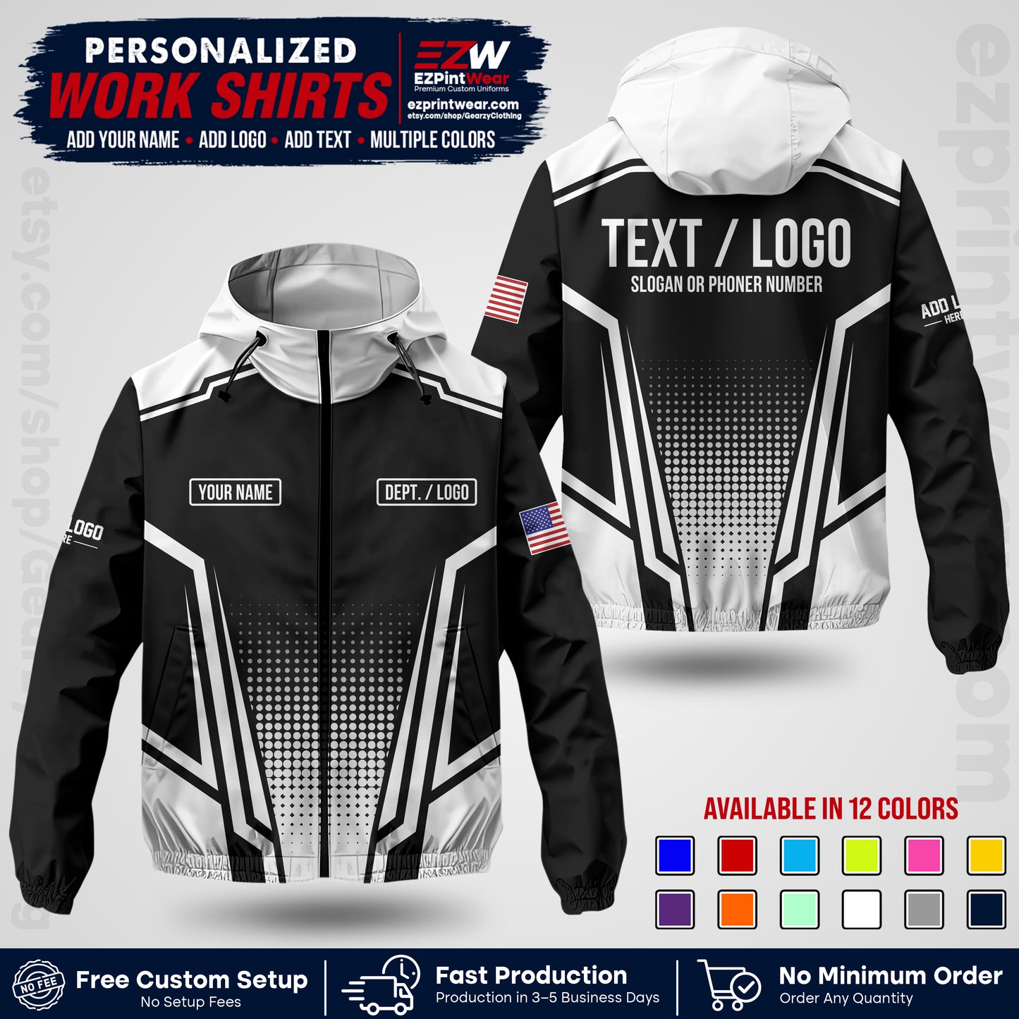 Custom Windbreaker Jacket with Name, Logo & Text, All Over Print Company Workwear, Employee Uniform WBJK17
