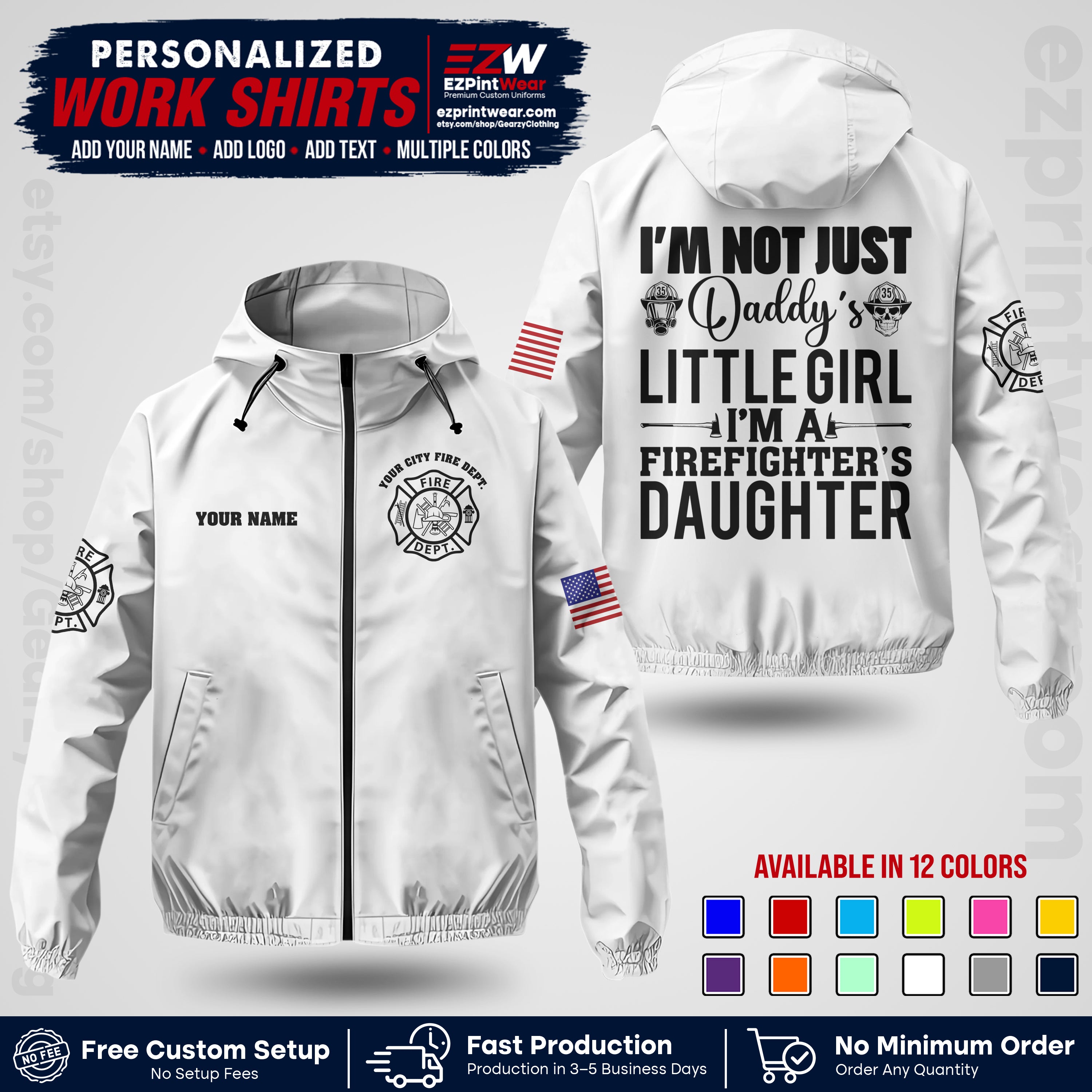 Custom Firefighter Windbreaker Jacket with Name, City Logo & Text | Fire Department Uniform | Employee Workwear FFJK08