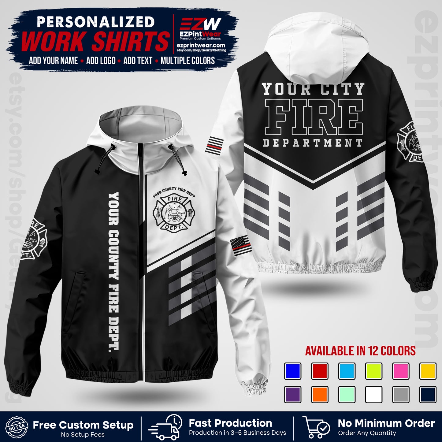 Custom Firefighter Windbreaker Jacket with Name, City Logo & Text | Fire Department Uniform | Employee Workwear FFJK03