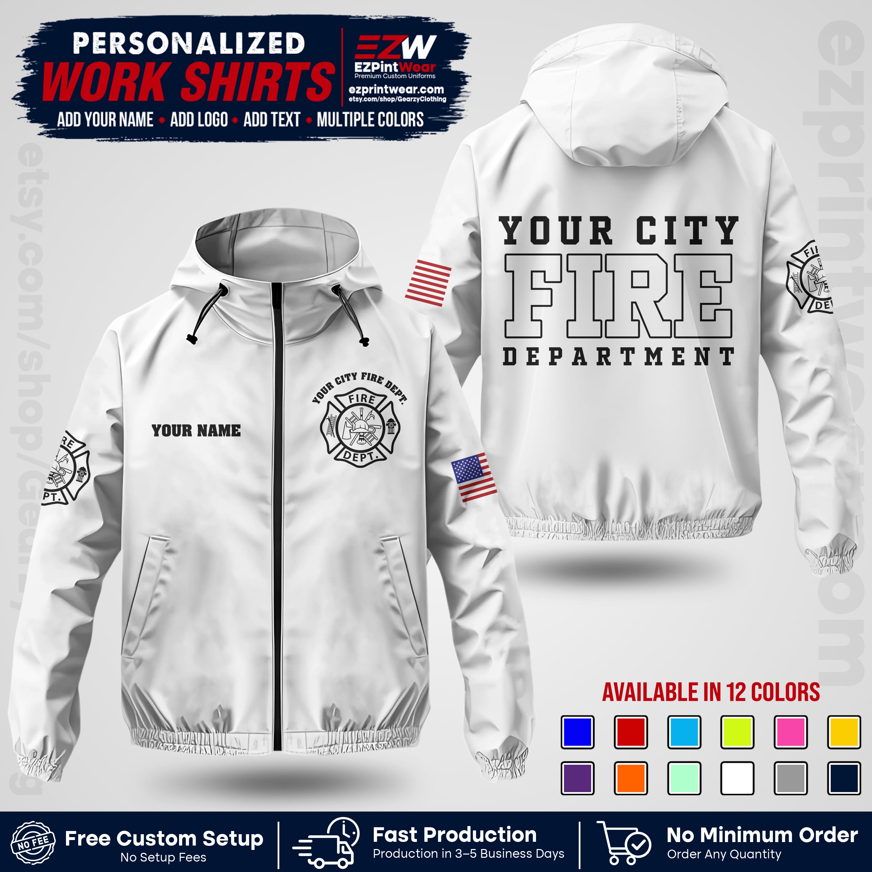 Custom Firefighter Windbreaker Jacket with Name, City Logo & Text | Fire Department Uniform | Employee Workwear FFJK01