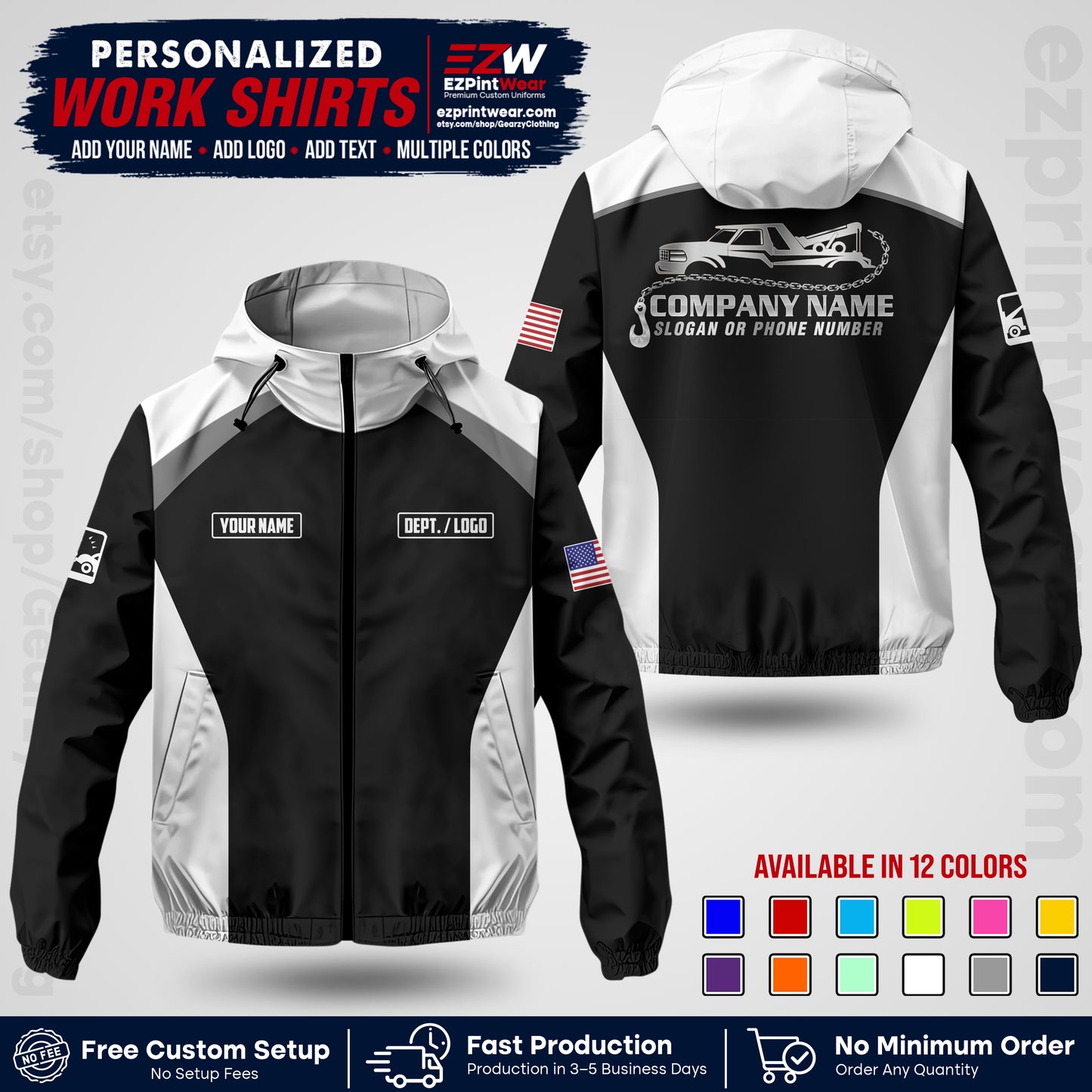 Custom Towing Windbreaker Jacket with Name, Logo & Text | Towing Company Uniform | Workwear TWJK 01