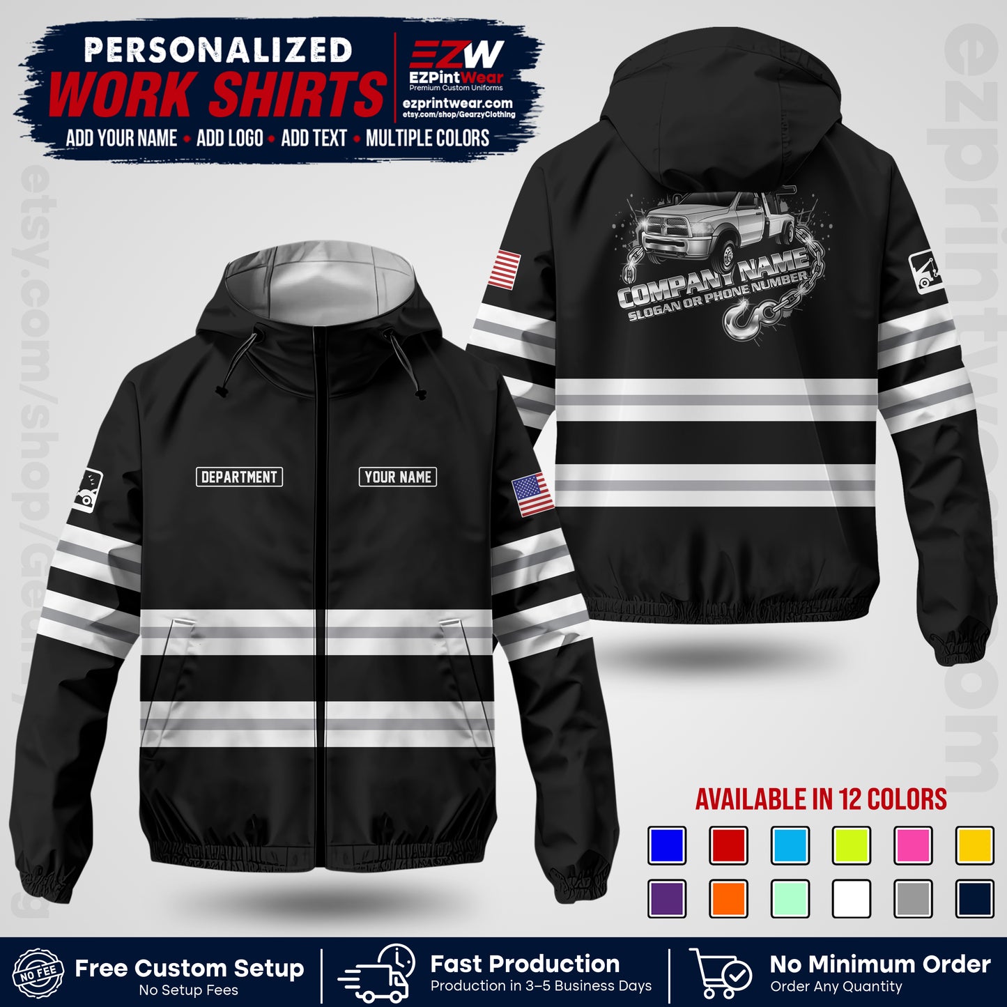 Custom Towing Windbreaker Jacket | Personalized Tow Truck Workwear | Non-Reflective Safety Stripe Jacket | Add Name Logo Text | Custom Windbreaker Jacket | Tow Truck Jacket TWJK 05