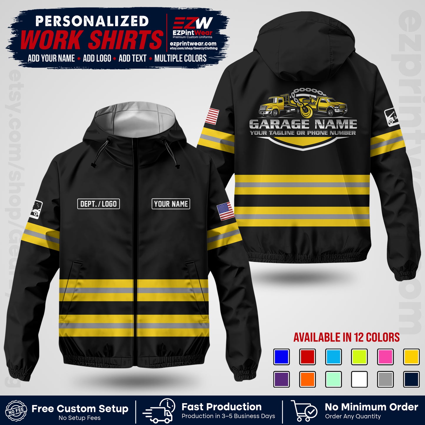 Custom Towing Windbreaker Jacket | Personalized Tow Truck Workwear | Non-Reflective Safety Stripe Jacket | Add Name Logo Text | Custom Windbreaker Jacket | Tow Truck Jacket TWJK 03