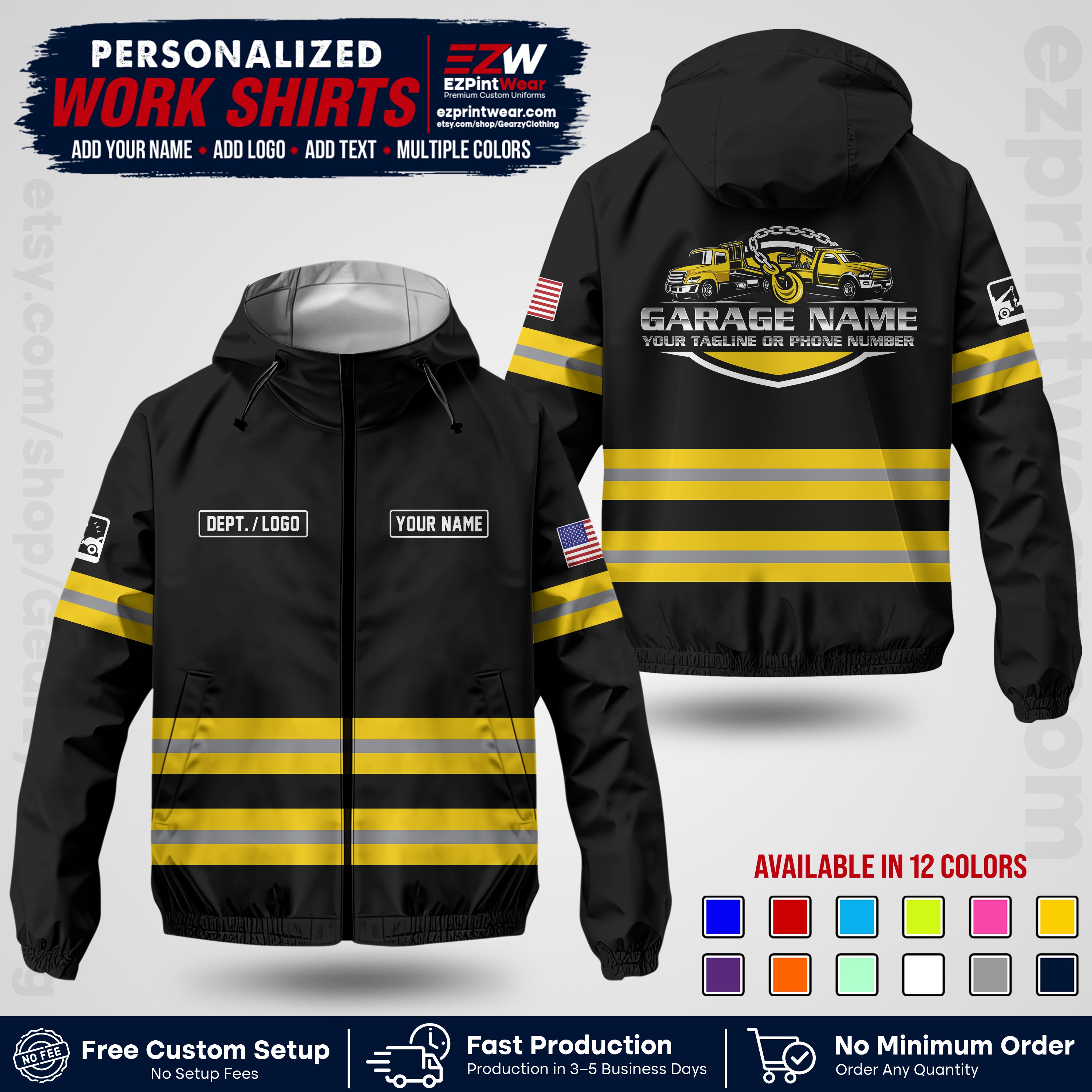 Custom Towing Windbreaker Jacket | Personalized Tow Truck Workwear | Non-Reflective Safety Stripe Jacket | Add Name Logo Text | Custom Windbreaker Jacket | Tow Truck Jacket TWJK 03