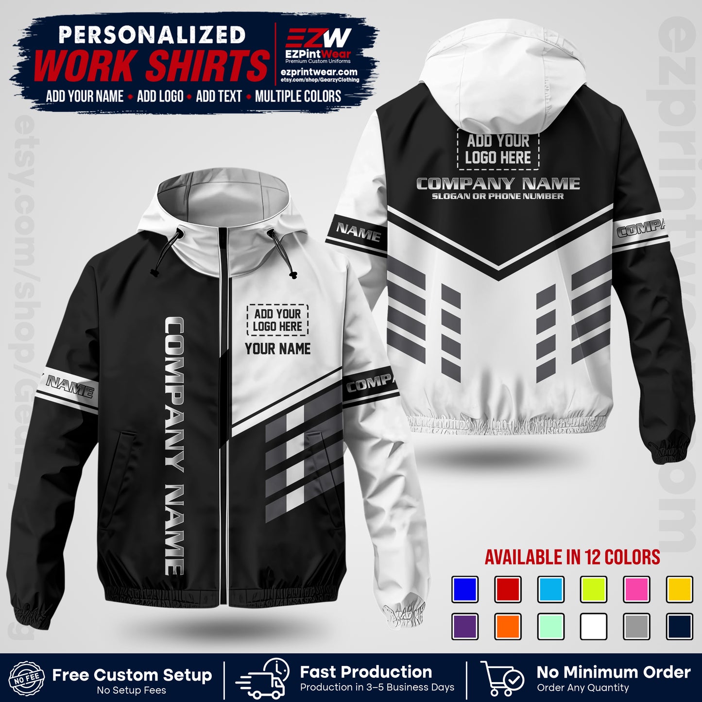Custom Windbreaker Jacket with Name, Logo & Text, All Over Print Company Workwear, Employee Uniform WBJK09