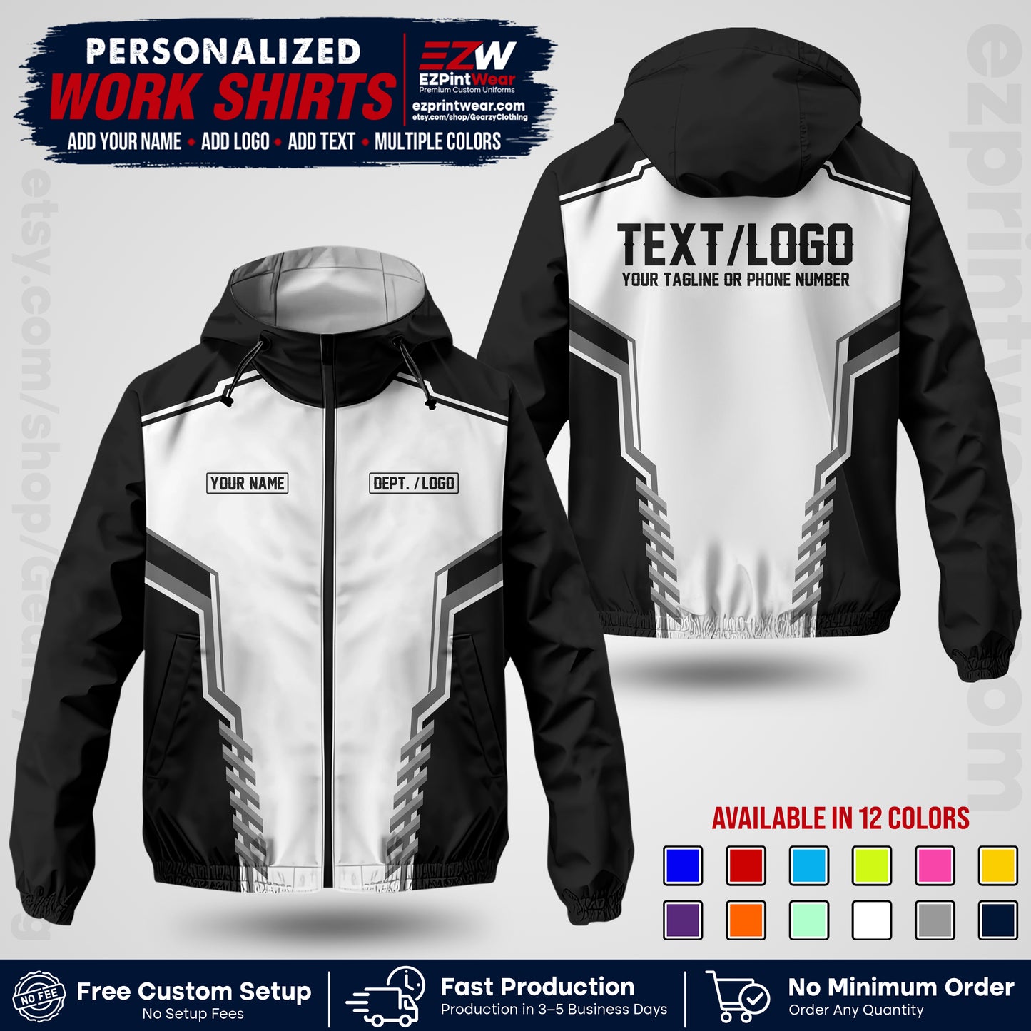 Custom Windbreaker Jacket with Name, Logo & Text, All Over Print Company Workwear, Employee Uniform WBJK15