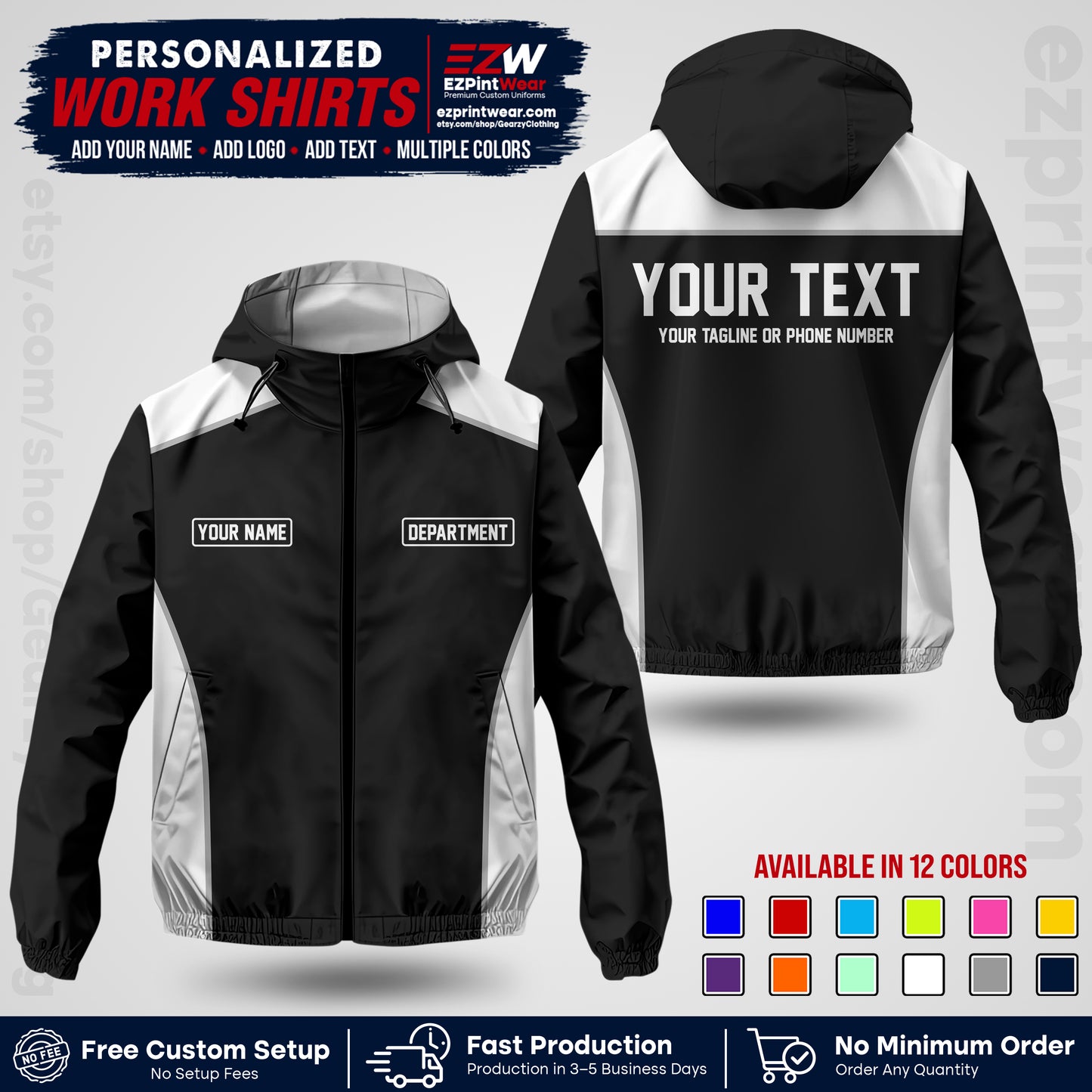 Custom Windbreaker Jacket with Name, Logo & Text, All Over Print Company Workwear, Employee Uniform WBJK12