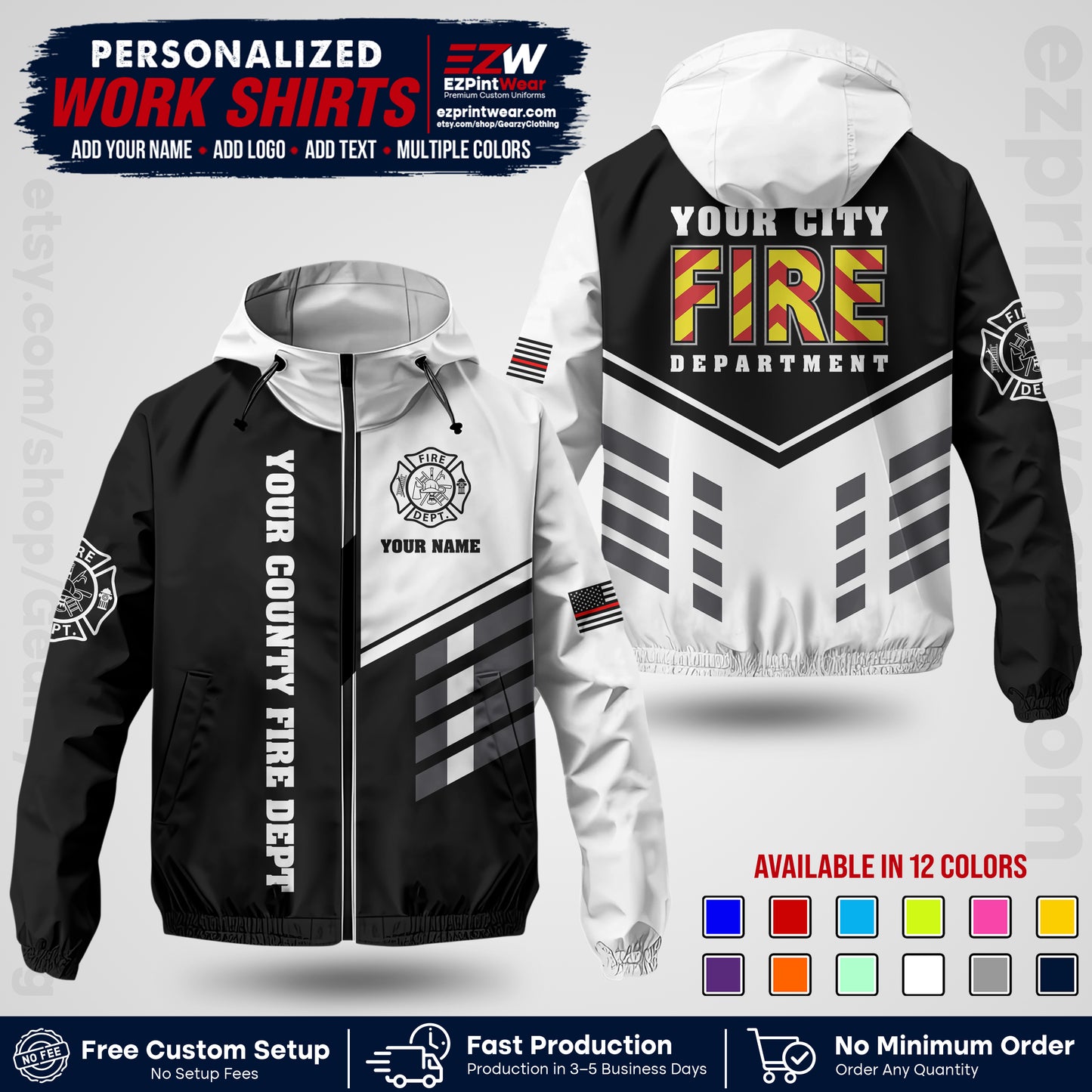 Custom Firefighter Windbreaker Jacket with Name, City Logo & Text | Fire Department Uniform | Employee Workwear FFJK06