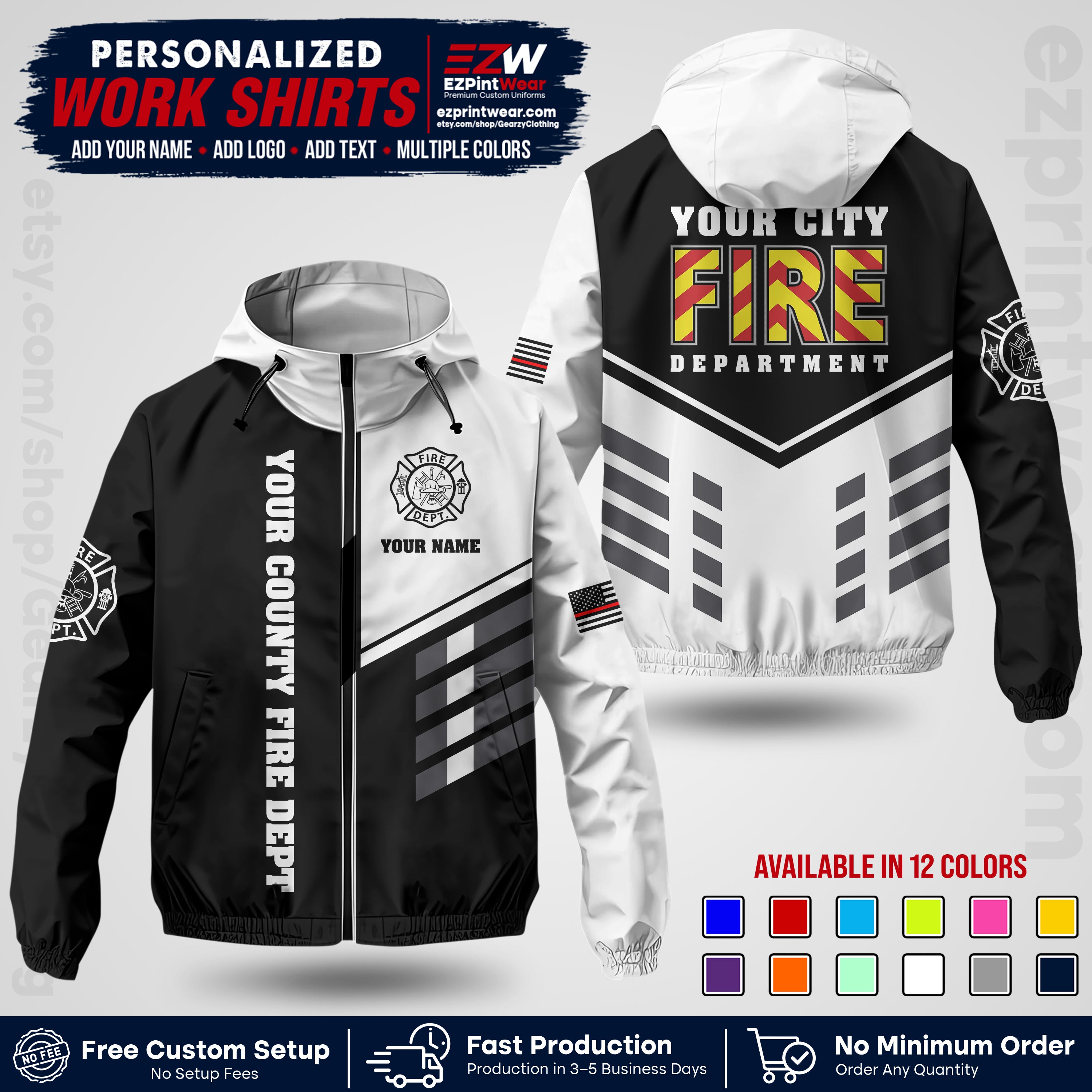 Custom Firefighter Windbreaker Jacket with Name, City Logo & Text | Fire Department Uniform | Employee Workwear FFJK06