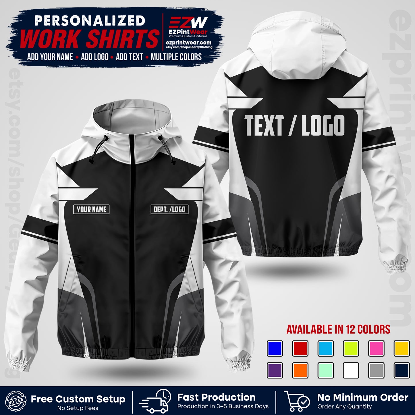 Custom Windbreaker Jacket with Name, Logo & Text, All Over Print Company Workwear, Employee Uniform WBJK02