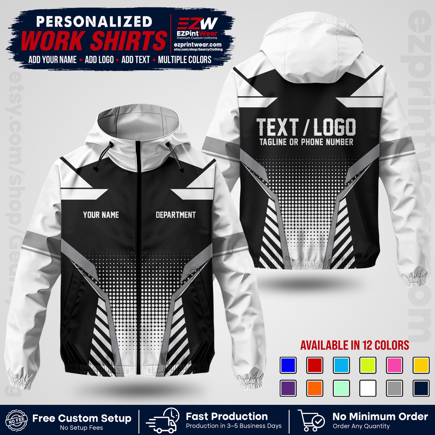 Custom Windbreaker Jacket with Name, Logo & Text, All Over Print Company Workwear, Employee Uniform WBJK01